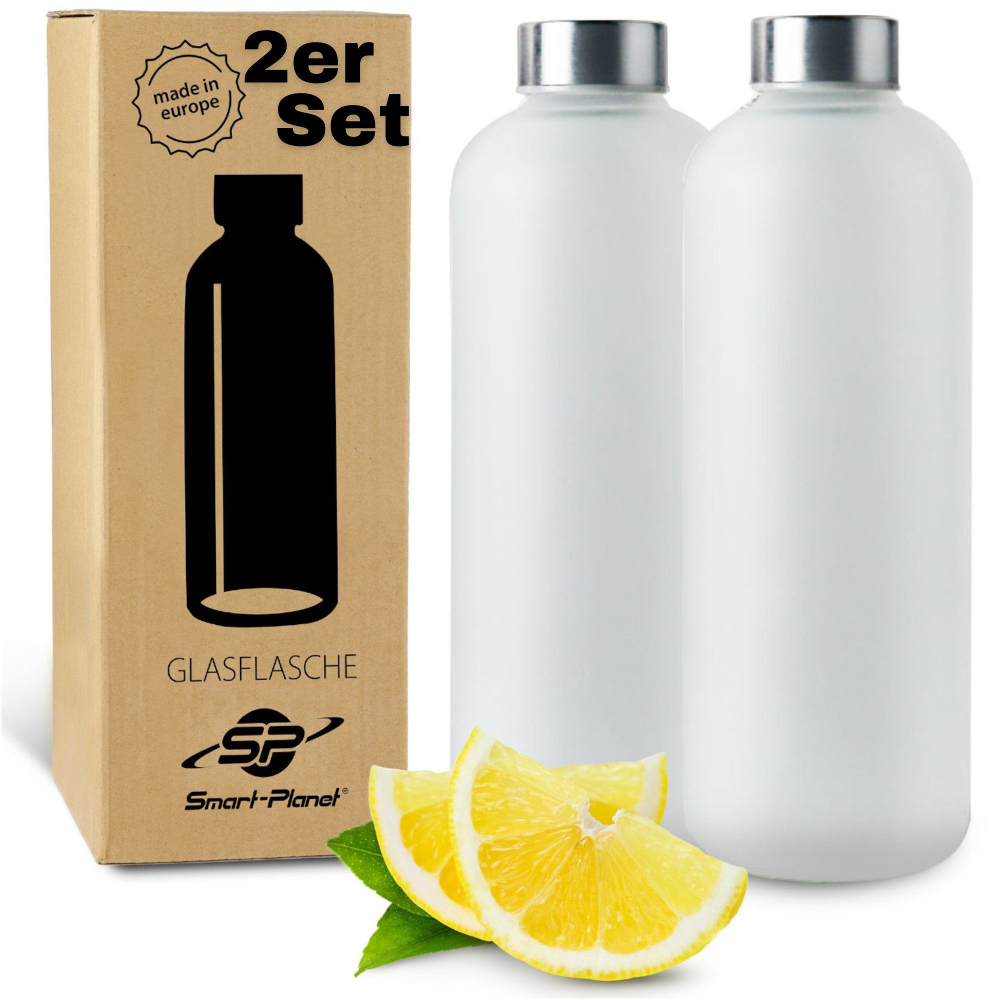 Smart-Planet Trinkflasche 2er Set Glastrinkflaschen 1L Borosilikatglas Spülmaschinenfest, Borosilikatglas, Spülmaschinenfest
