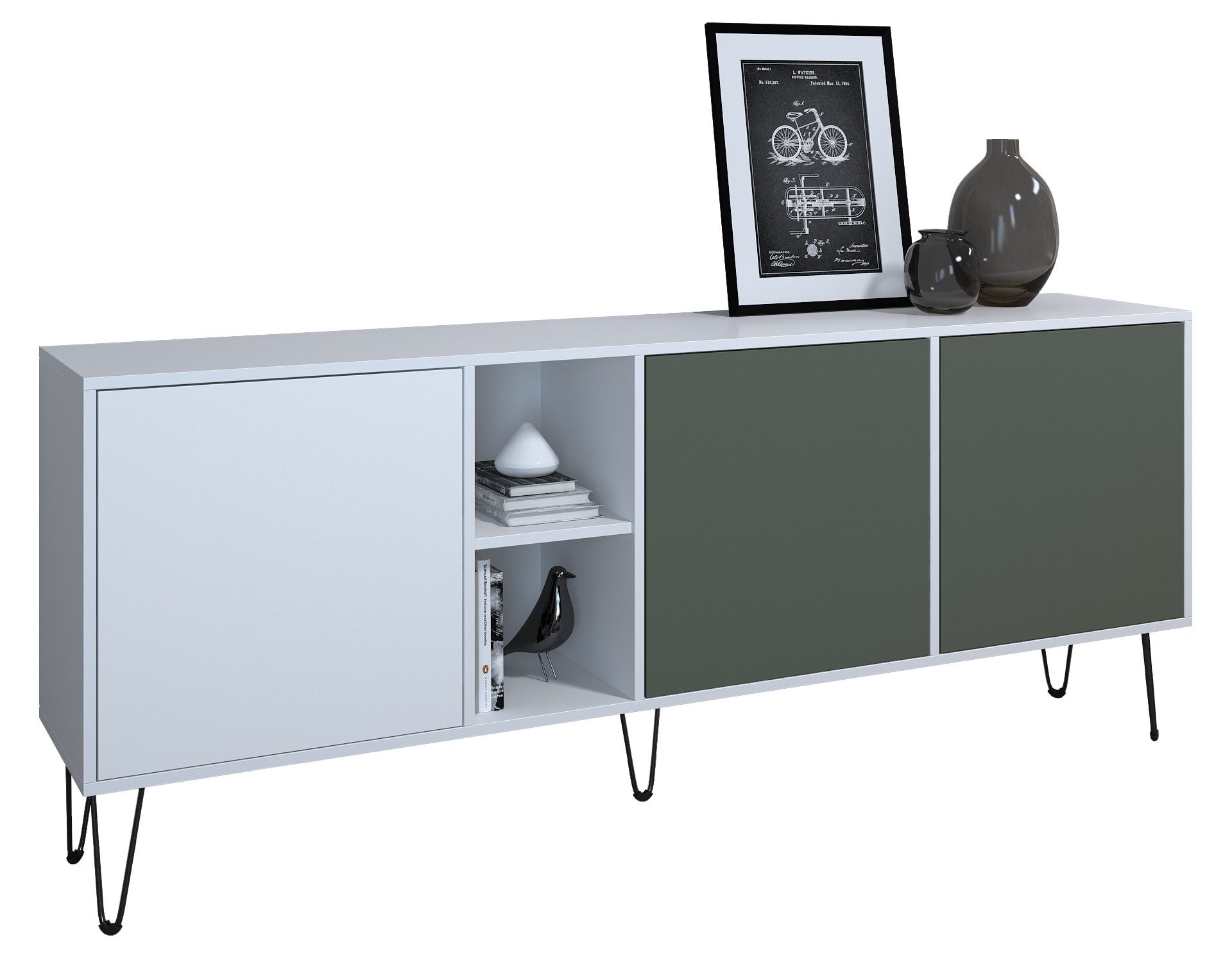 Vladon Sideboard Havana (TV-Schrank mit 3 Türen und 2 offene Fächer, Kommode Made in Germany), Weiß matt / Weiß matt (181,5 x 73 x 35 cm)