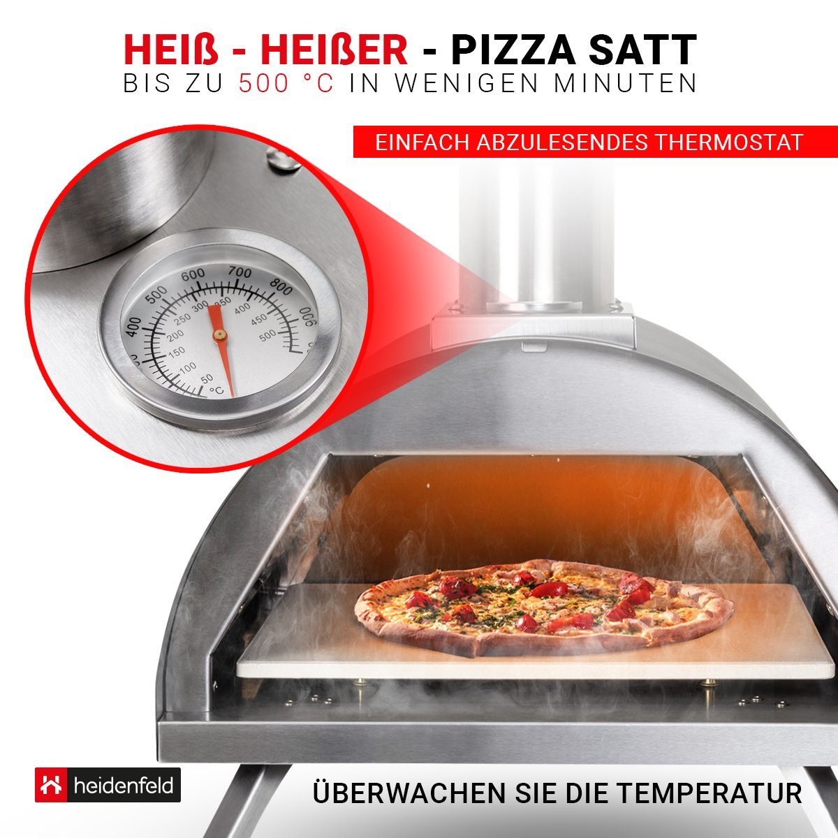inkl. - 2in1 oder Pizzastein Sichtfenster Hybrid Ofen - Backofen - Edelstahl Heidenfeld Pizzaofen 500°C, Gasgril Pellets Holzofen Neapel Pizza - bis
