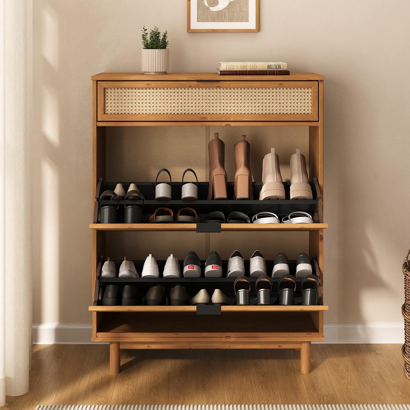 IDIMEX Schuhkommode JONTE, Schuhschrank aus Massivholz mit Rattangeflecht Eiche Finish