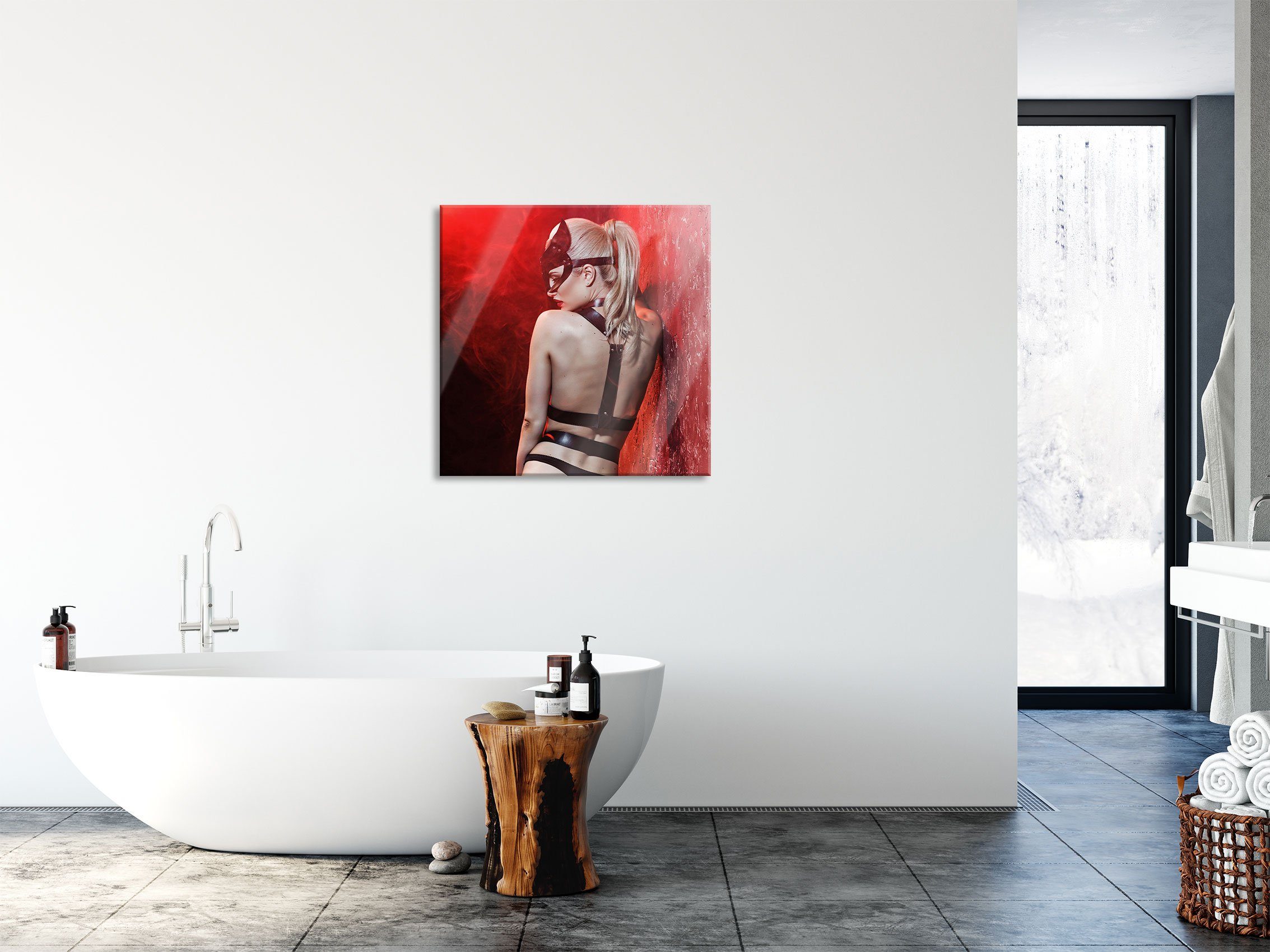 Pixxprint Glasbild Blondine in Lederdessous im Rotlicht, Blondine in Lederdessous im Rotlicht (1 St), Glasbild aus Echtglas, inkl. Aufhängungen und Abstandshalter