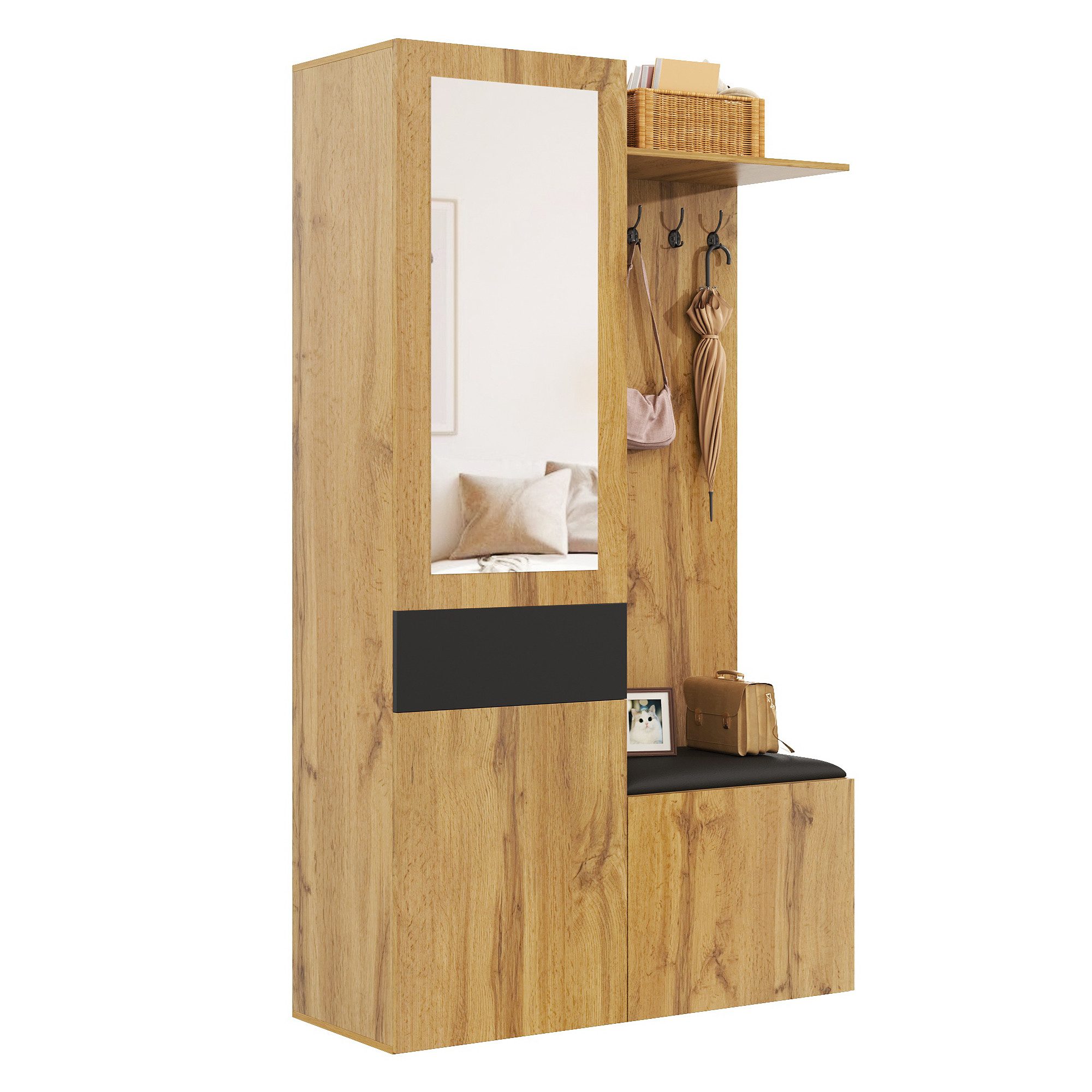 OKWISH Garderoben-Set Flurgarderobenbank, (Kleiderschrank-Set, 1-St., versteckter Stauraum), 5 Garderobenhaken, Spiegel, Schuhschrank