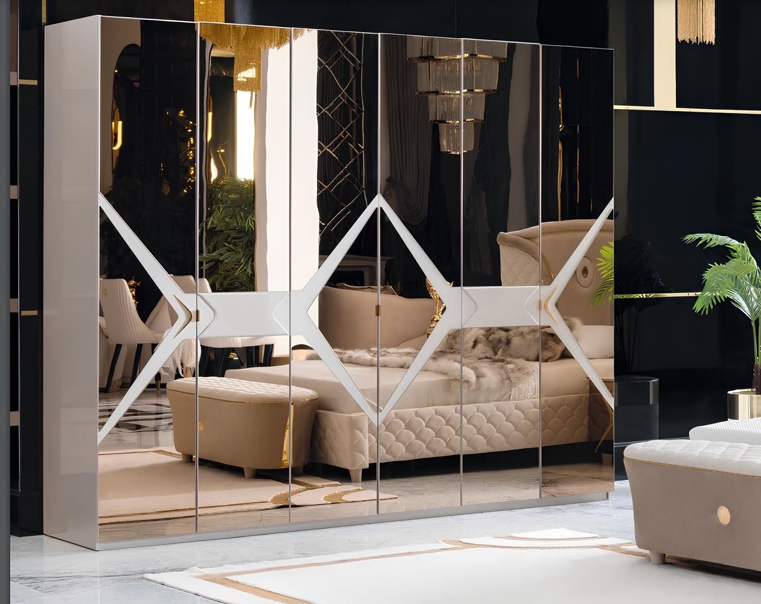 Kleiderschrank Echtholz Schlafzimmermöbel Massivschrank in Goldoptik