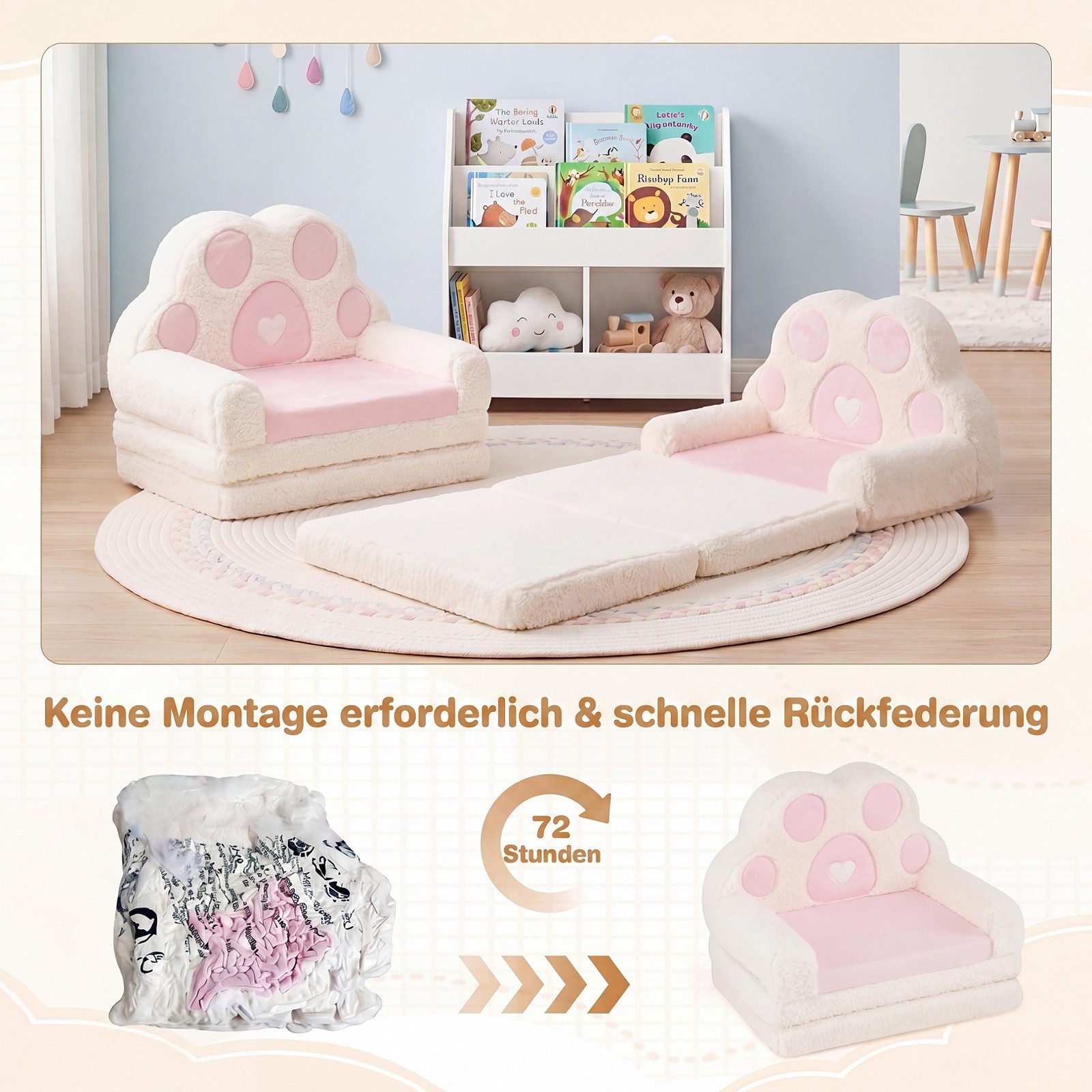 COSTWAY Kindersofa 2 in 1 Kindersessel, Ausklappbar in Bärentatzen Form, Spielsofa, Kindercouch – Bild 2 von 5