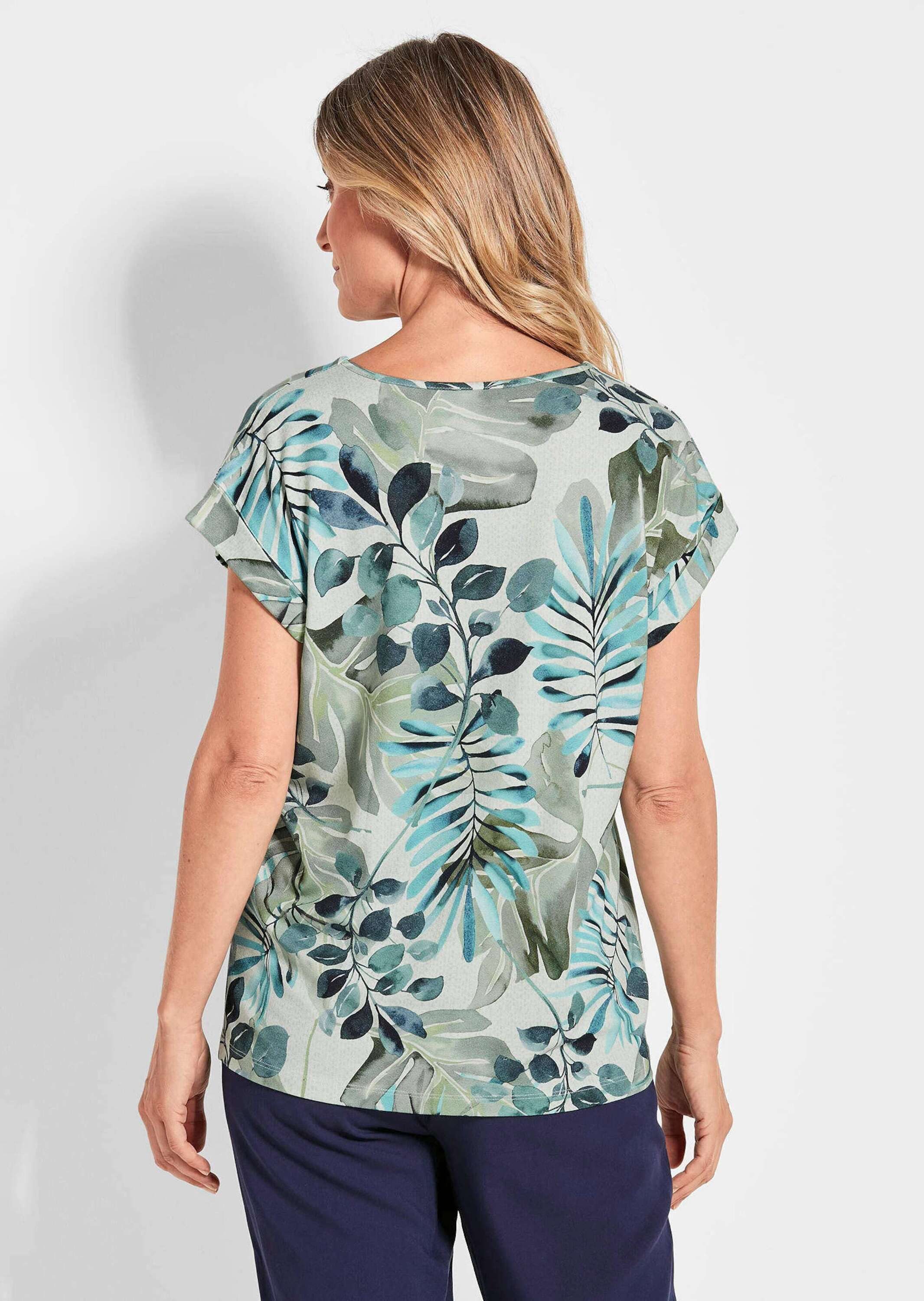 GOLDNER T-Shirt Sommershirt mit Print, V-Ausschnitt Florales Muster, V-Ausschnitt, sportiver Ärmelaufschlag