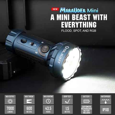 OLIGHT LED Taschenlampe Marauder Mini LED Torch with Spotlight and Floodlight, 7000 Lumen 600 Meter, Wiederaufladbar, mit Strahler und Flutlich