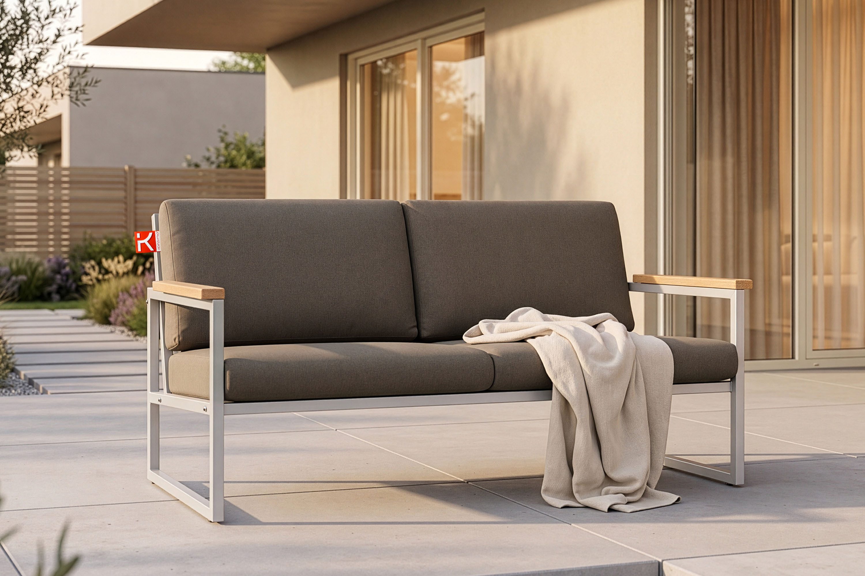 KONSIMO® Loungesofa TRIBO Gartensofa 2-Sitzer, hergestellt in der EU, 1x Gartensofa, Maße: 130x65x60 cm, wasser- und schmutzabweisende,pflegeleicht,Handarbeit
