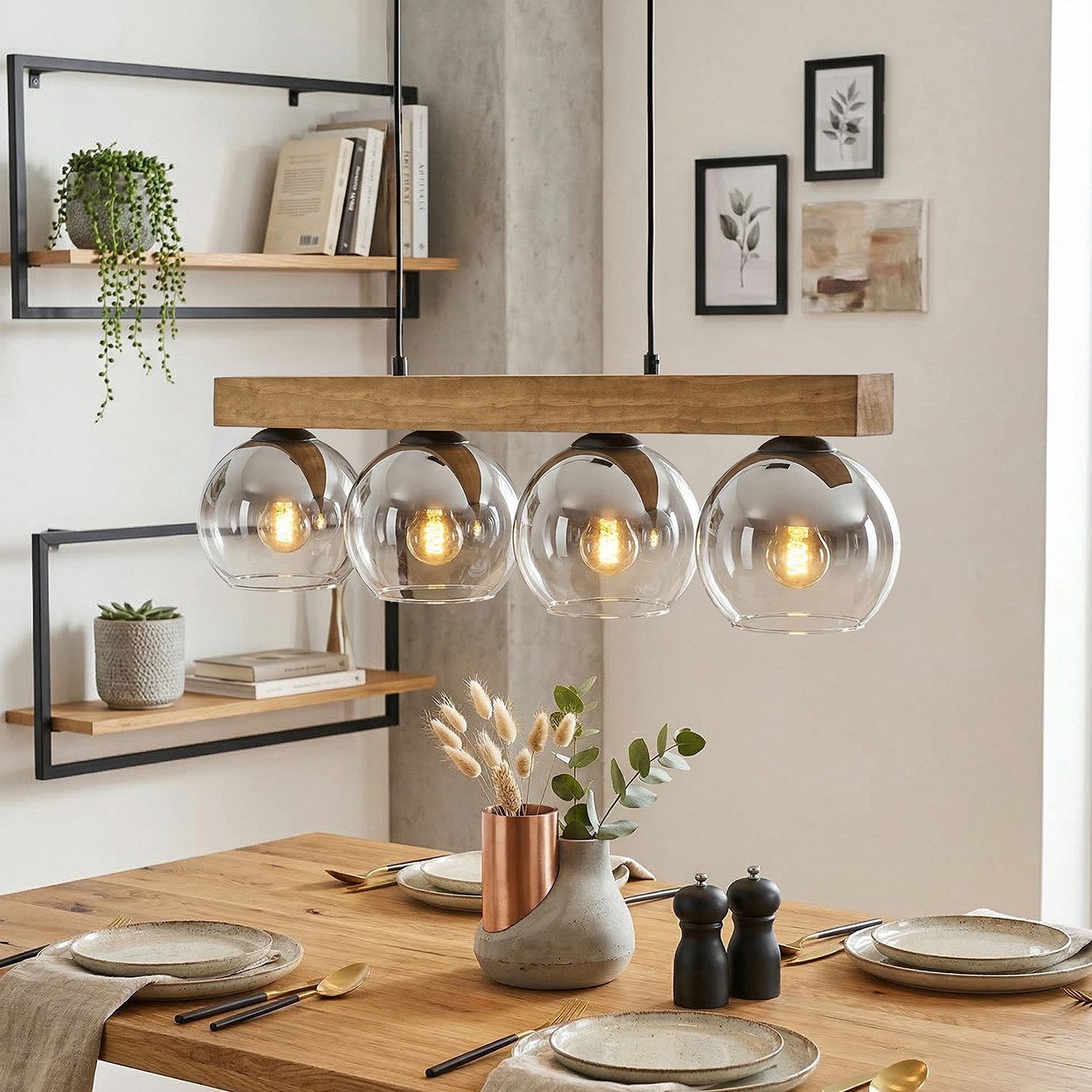 hofstein Hängeleuchte Hängelampe aus Metall/Holz/Glas in Schwarz/Natur/Chrom/Rauch/Klar, ohne Leuchtmittel, moderne Pendelleuchte im Boho/Vintage-Design mit Holzbalken, 4 x E14