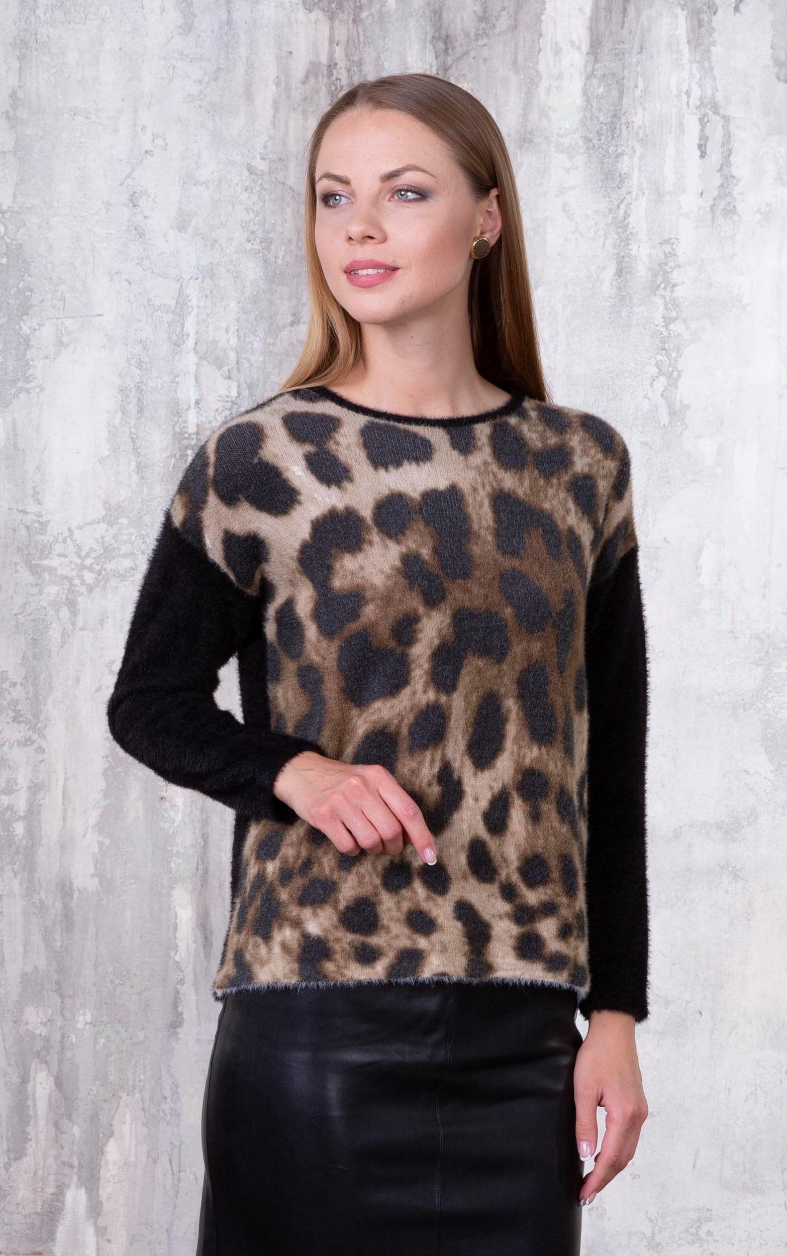 Passioni Strickpullover mit Leo-Muster Casual mit Rundhalsausschnitt