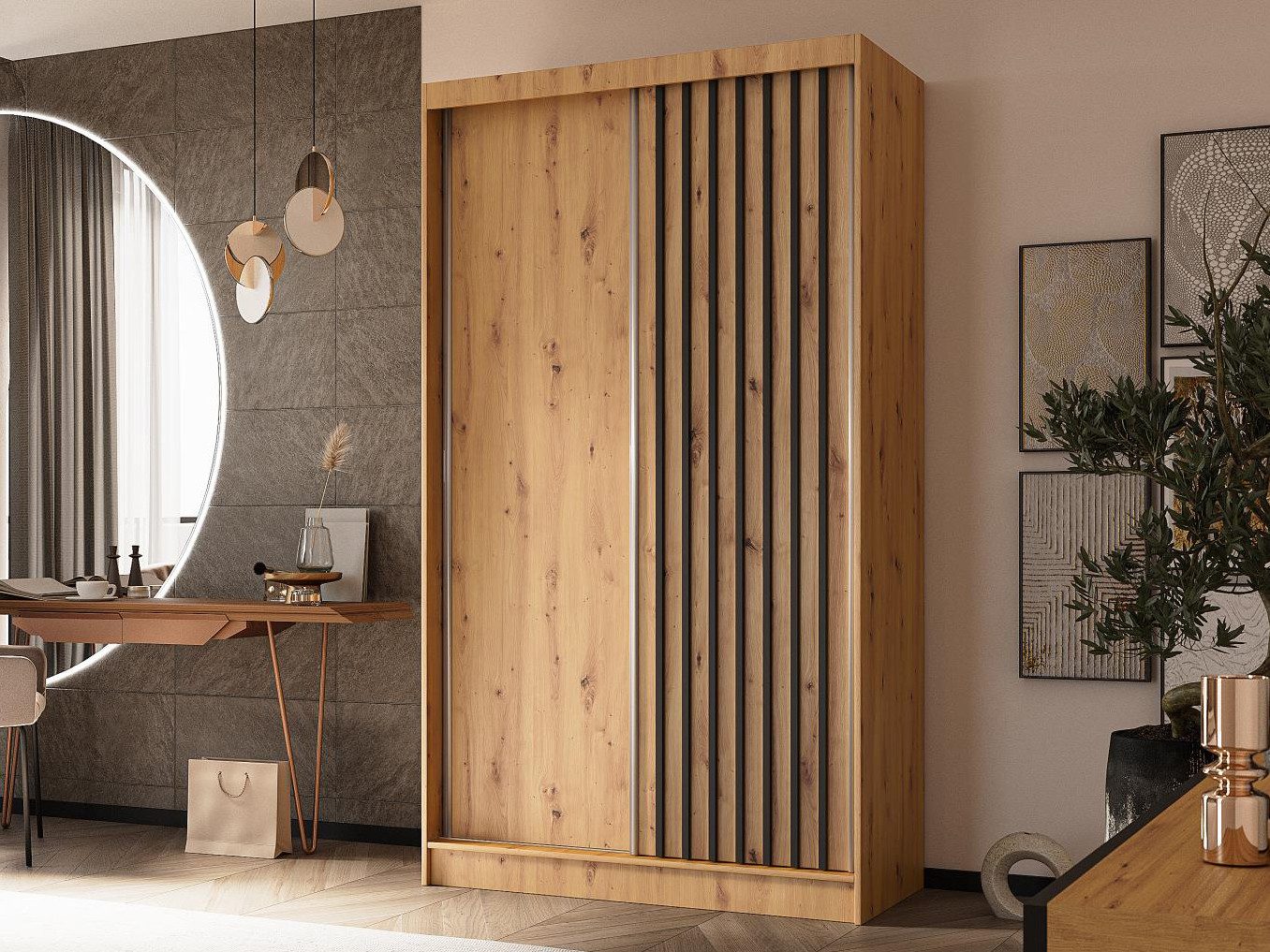 Beautysofa Kleiderschrank Moderner stilvoller eleganter Kleiderschrank mit Schiebetür HELIOS (Moderner Schwebetürenschrank mit Lamellen, Kleiderschrank) In verschiedenen Breiten erhältlich
