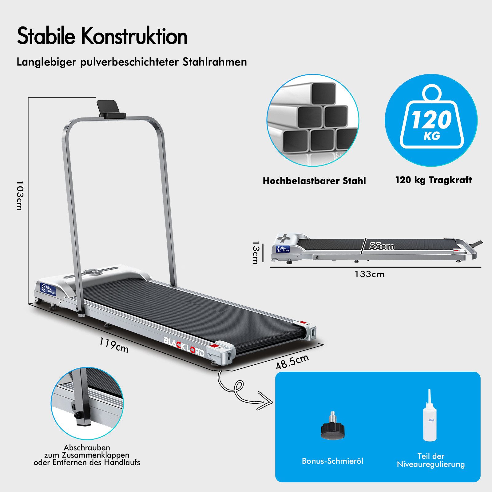 BLACK LORD Laufband für Zuhause, Walking Pad, Klappbares Untertisch-Laufband mit Armlehne (119 x 48,5 x 103 cm, 1-tlg), mit Bluetooth, Fernbedienung, Lautsprecher, 1-12km/h