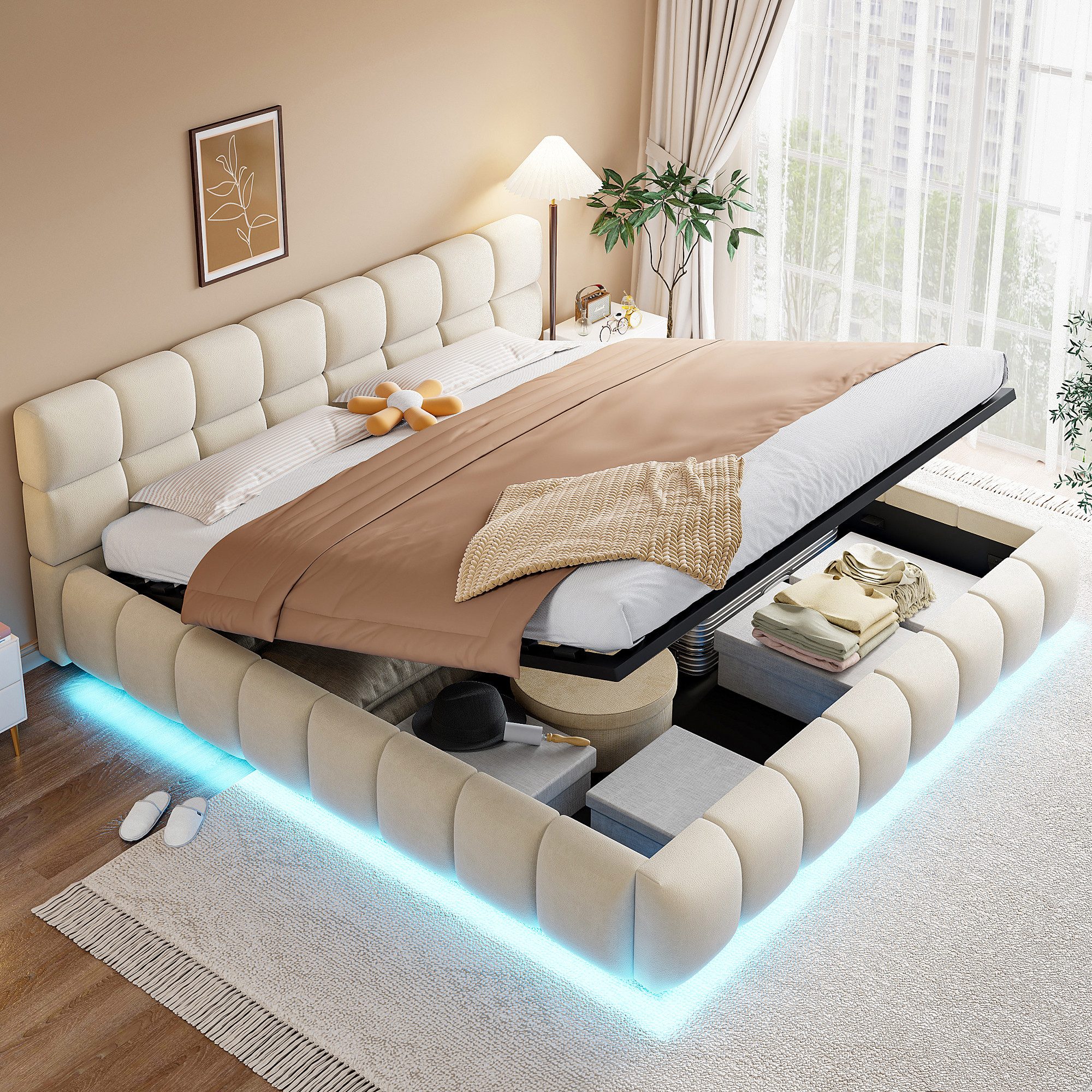 Merax Polsterbett mit LED-Licht & hydraulischem Stauraum (1-tlg), Doppelbett 180×200cm mit voluminösem Kopfteil, Mehrzweckbett, Samt – Bild 3 von 5
