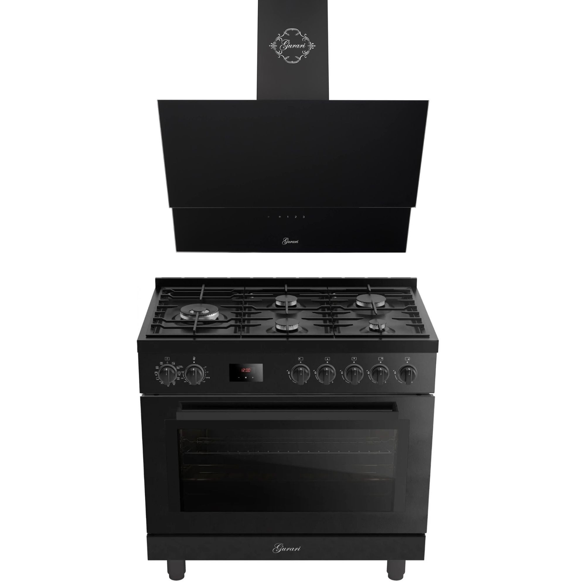 GURARI Gasherd-Set 126 L XXL Backofen, Air Fry Funktion, elektrischer Drehspieß, Hydro Clean, katalytische Selbstreinigung, 4,0 kW Dreikreis WOK Brenner, Erdgas und Flüssiggas, 1000 m³/h Dunstabzugshaube GCH E 818 BL+GCH D 268 BL 9 PRIME N, mit 1-fach-Teleskopauszug, Hydro Clean, Katalytische Selbstreinigung, Küchen Set Gasherd mit Dunstabzugshaube 90 cm Schwarz