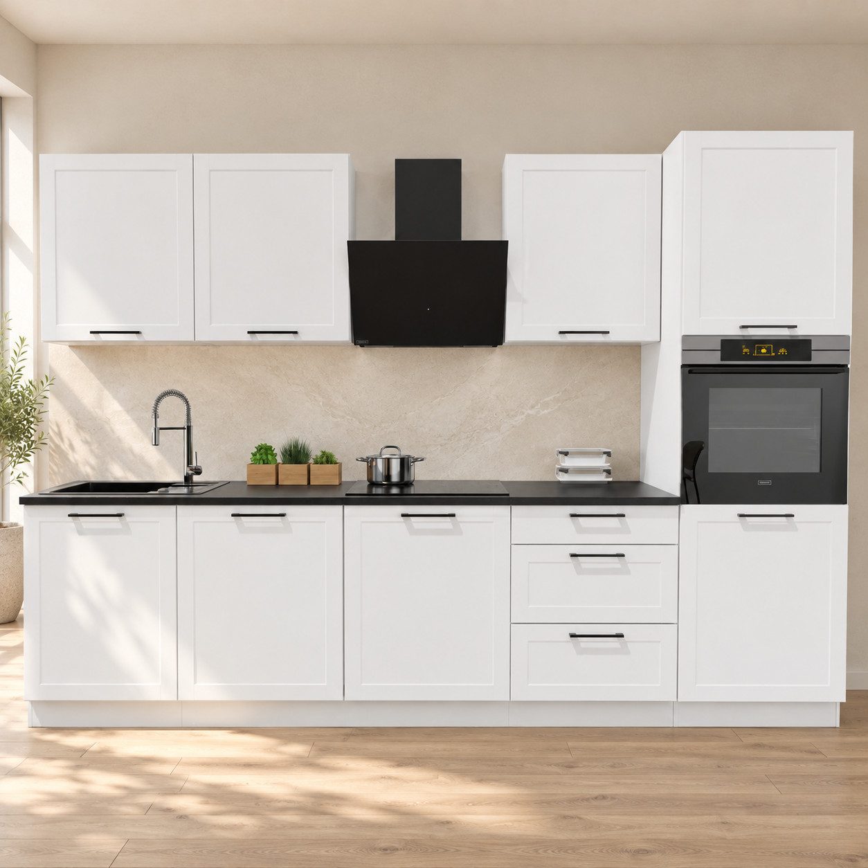 ROYAL24_MARKT Küchenzeile KS40-G300 – Elvara - 300 cm, ohne Arbeitsplatte & Elektrogeräte, (Komplett Set), Top Stoffe - Exklusiv - Hochwertig