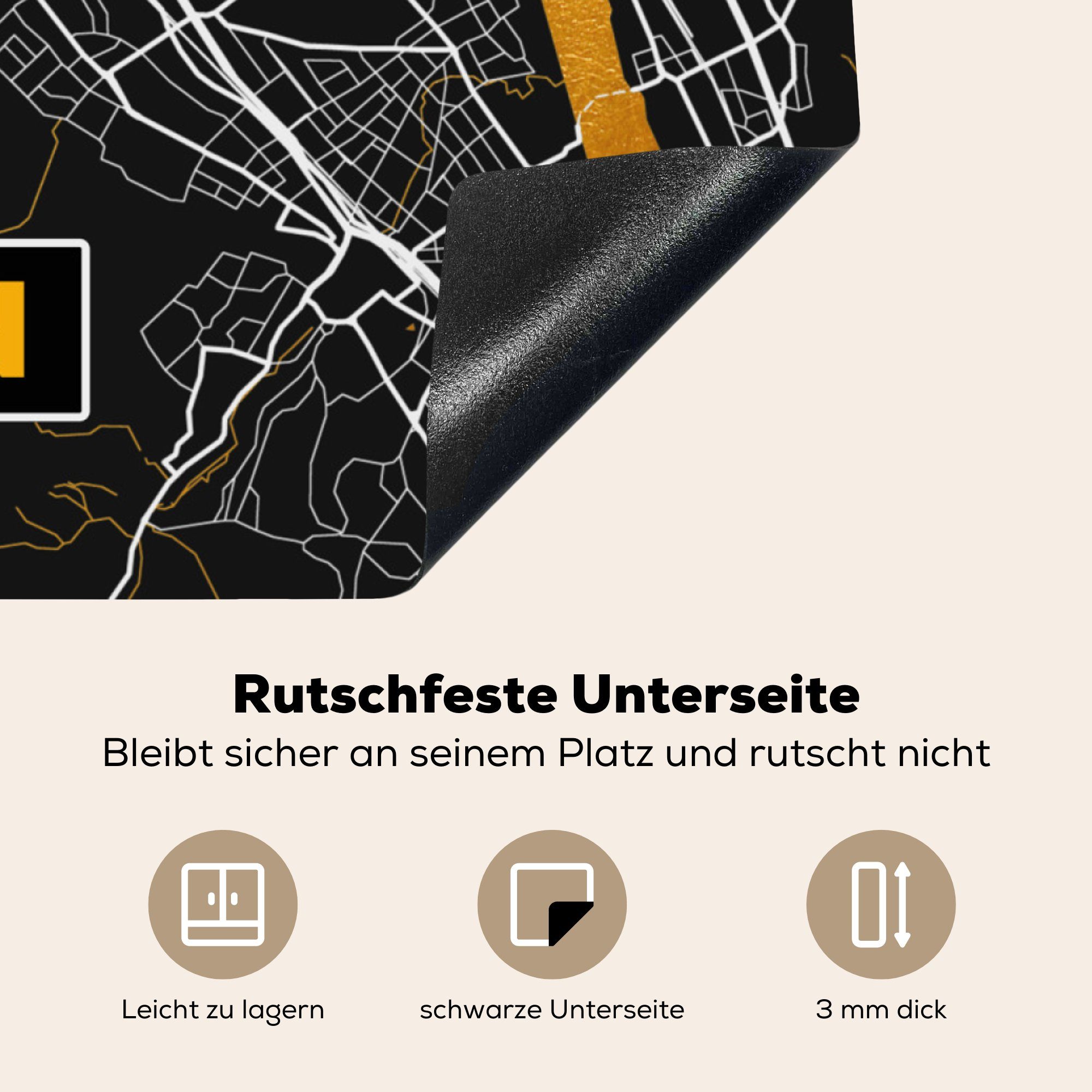 78x78 für MuchoWow Deutschland, - Herdblende-/Abdeckplatte - Karte cm, Bonn - (1 Gold Arbeitsplatte - Ceranfeldabdeckung, Stadtplan tlg), Vinyl, küche
