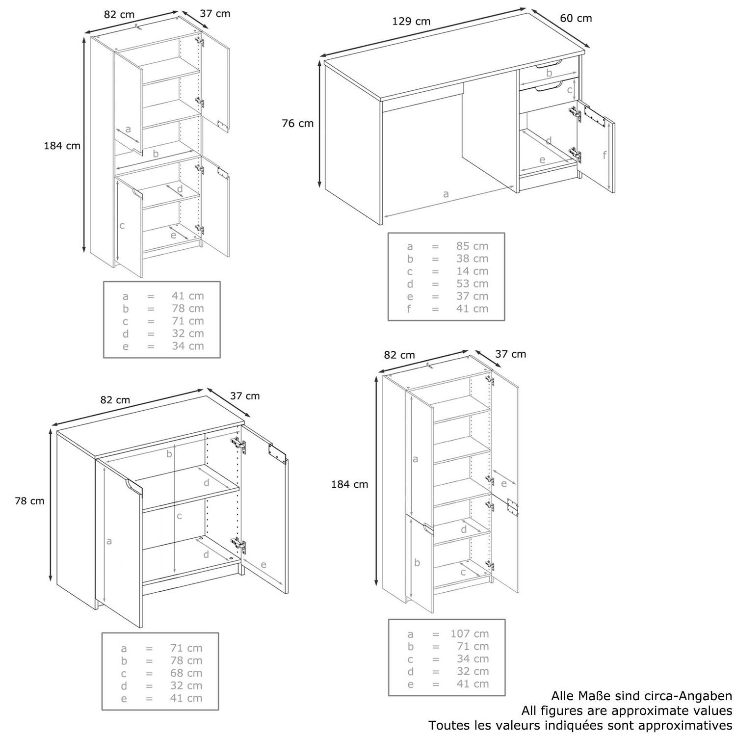 Vladon Aktenschrank Logan (Büromöbel-Set, 4-St., Fronten Weiß 1 x Hochglanz Schränken 2 Hochglanz x mit 60 (246 Weiß 185 in 1 und Kommode) Schreibtisch, matt/Weiß cm)