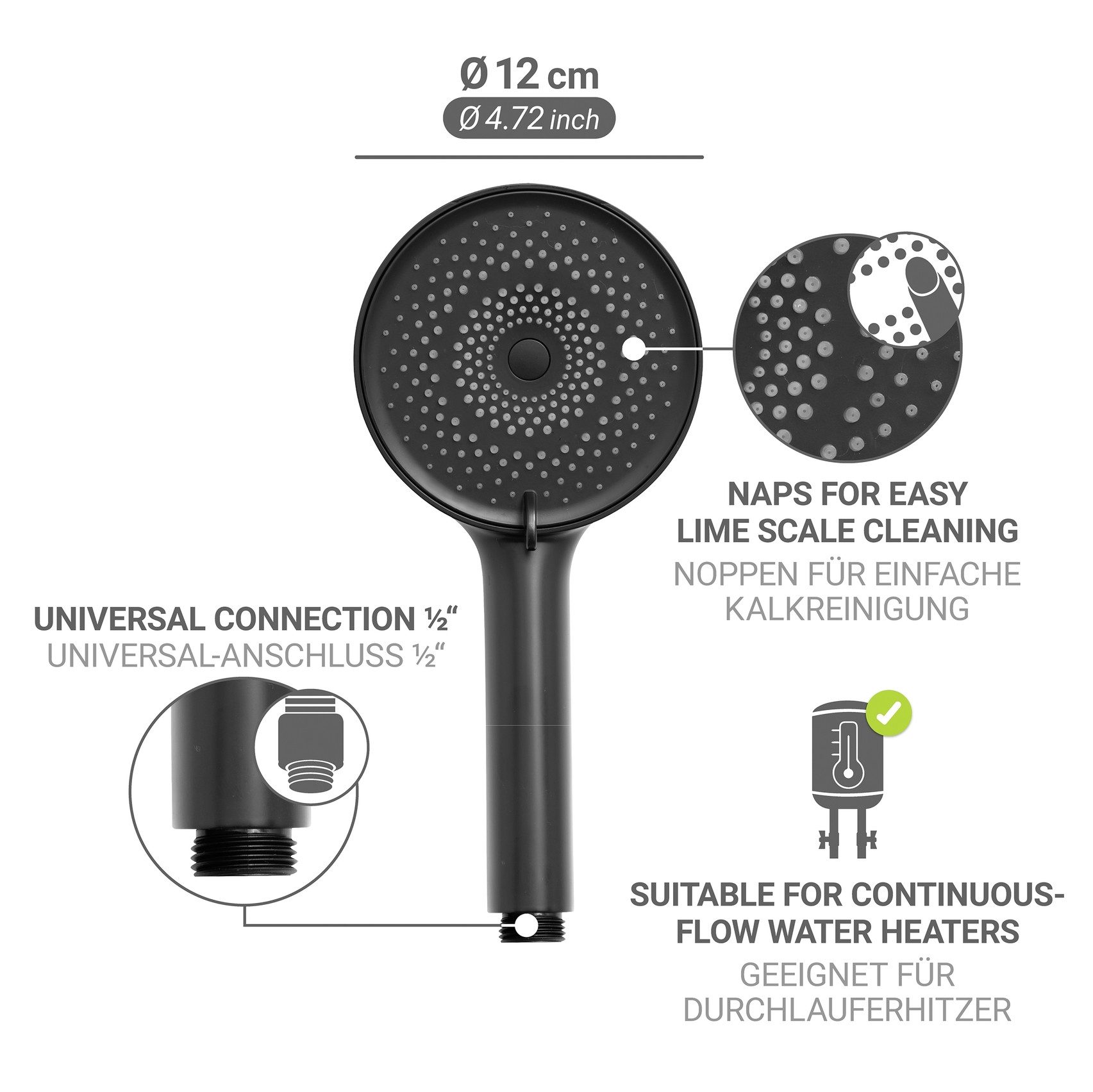 WENKO Handbrause Softwater, Duschkopf mit 3 Strahlarten, Ø 12 cm, mikrofeine Düsen, sanftes Wasser