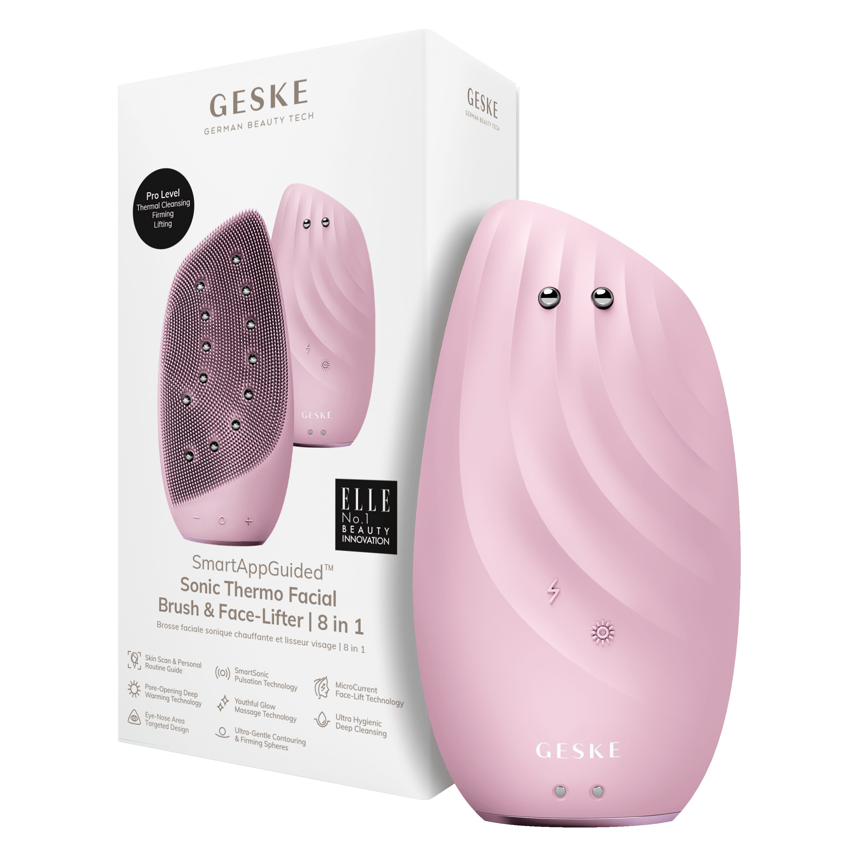 Beauty GESKE APP Du & (SmartAppGuided GESKE Mit 1, Gesichtsreinigungsbürste Brush Sonic & erhältst USB-Ladekabel), App kostenloser Tech in 8 German Packung 2-tlg., Elektrische Device), der Facial Face-Lifter Thermo Hautpflegeroutine. Pink Gerät SmartAppGuided™ (Gerät deine inkl. personalisierte