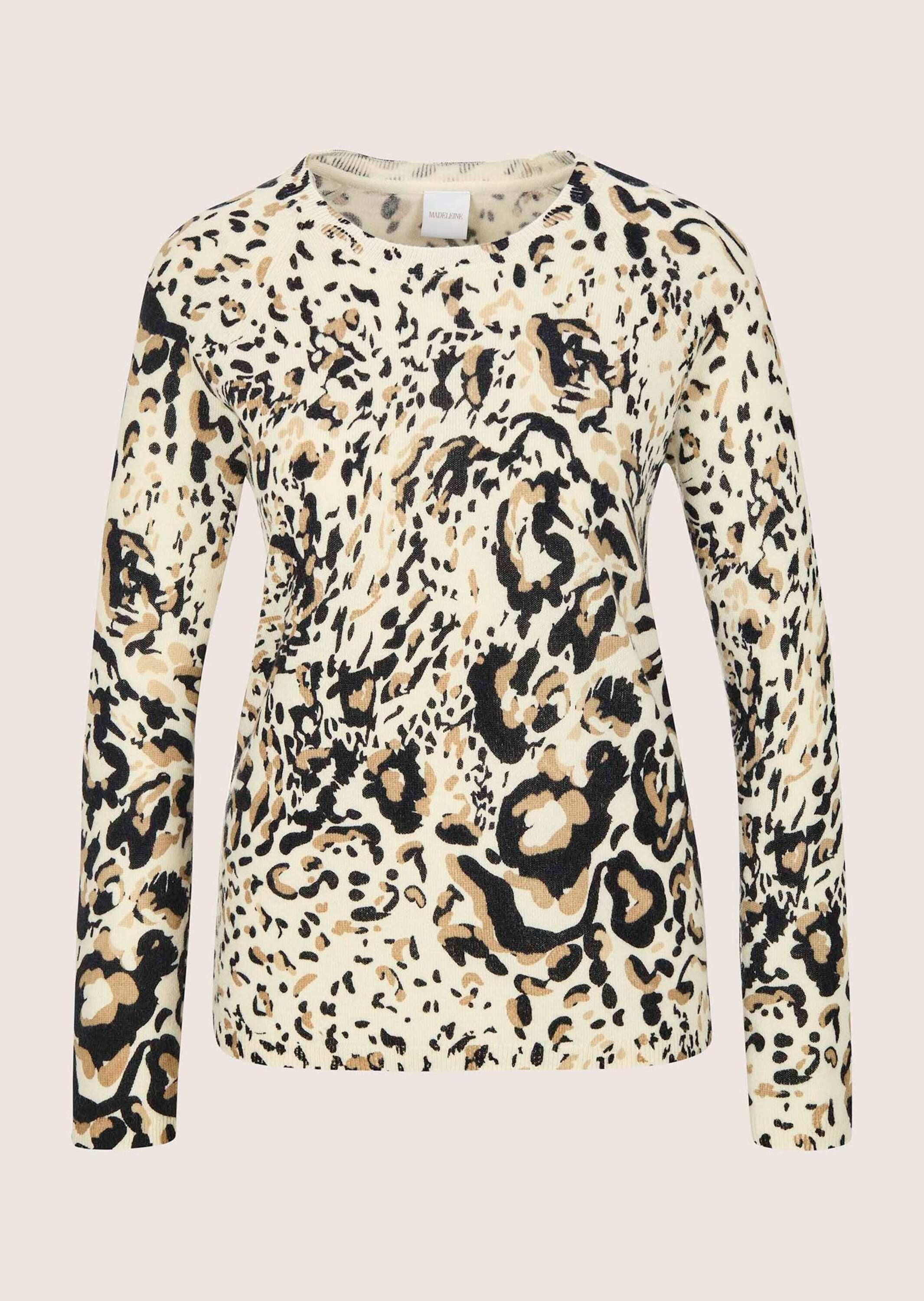 MADELEINE Strickpullover Wollpullover mit Animal-Print Langarmshirt mit Rundhals, Rippenabschlüssen und Langarm