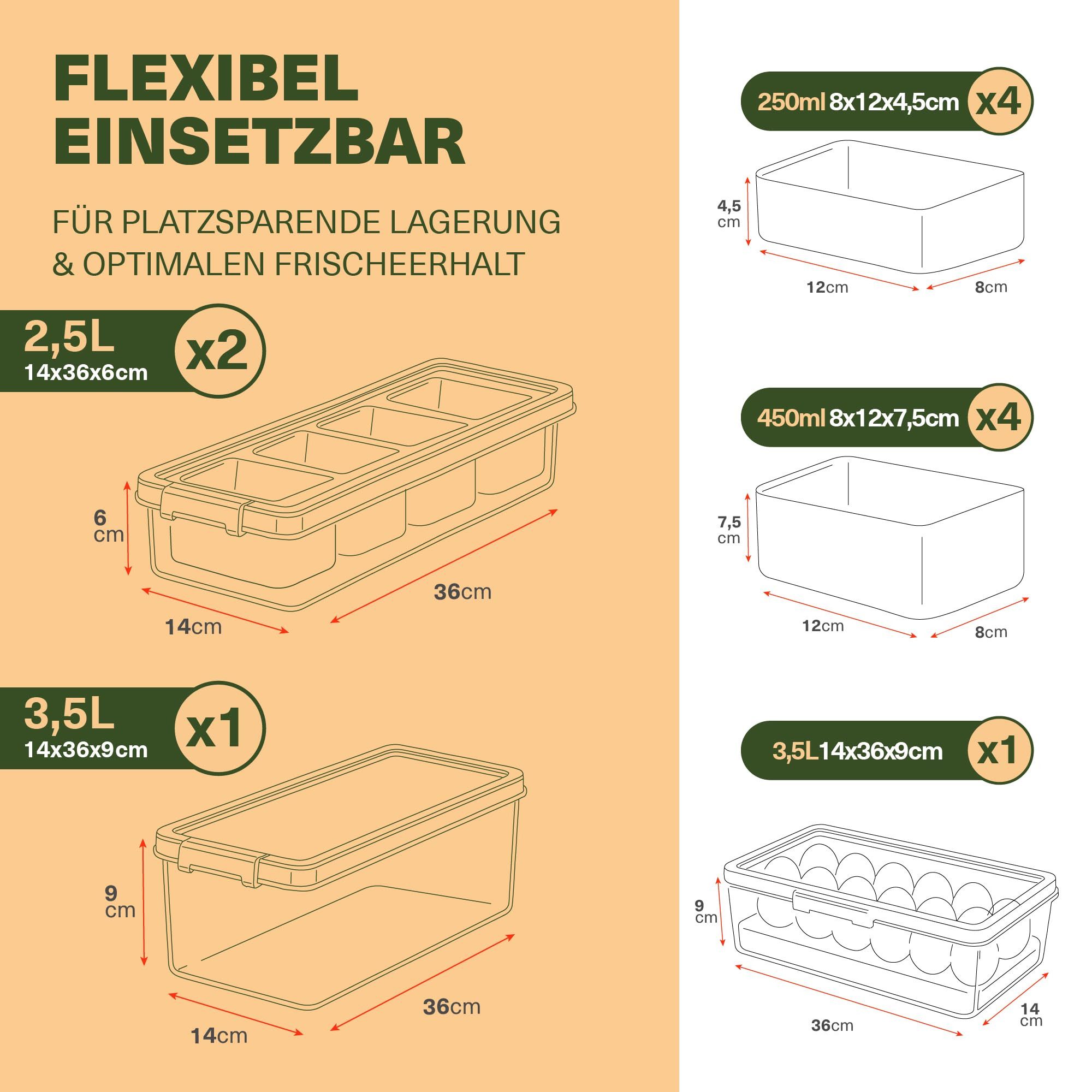 Viwares Küchenorganizer-Set Aufbewahrungsboxen 4er Set, mit variabler Trennung & Deckel, stapelbar, (Set, 4-tlg., mit Deckel & variabler Trennung), inkl. Eierfach ideal für Kühlschrank Gemüse, Obst & Küchenorganisation