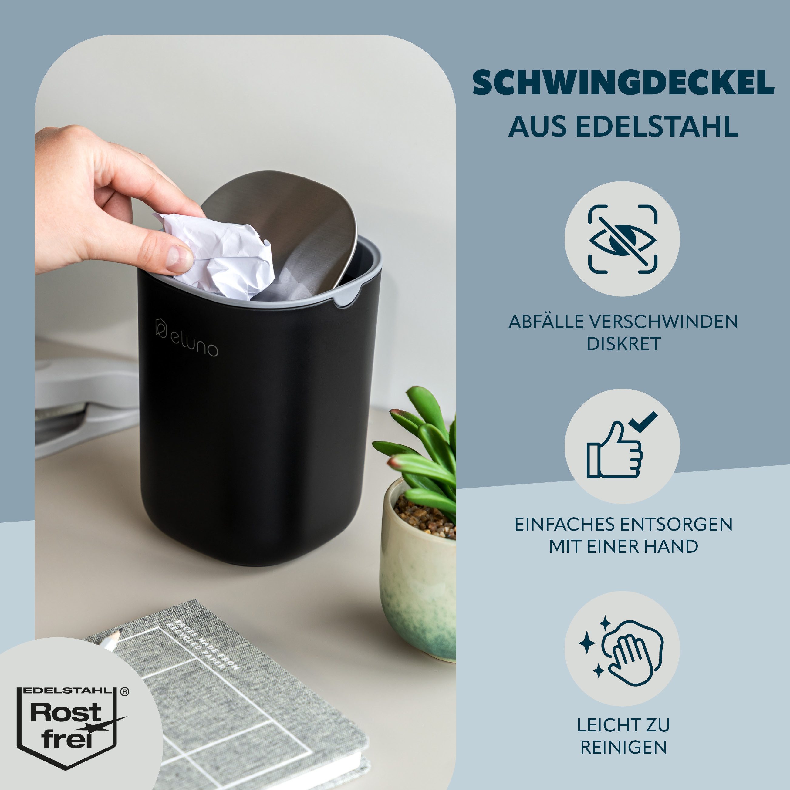 eluno Kosmetikeimer EDOLO, mit Schwingdeckel 1,5 Liter in schwarz