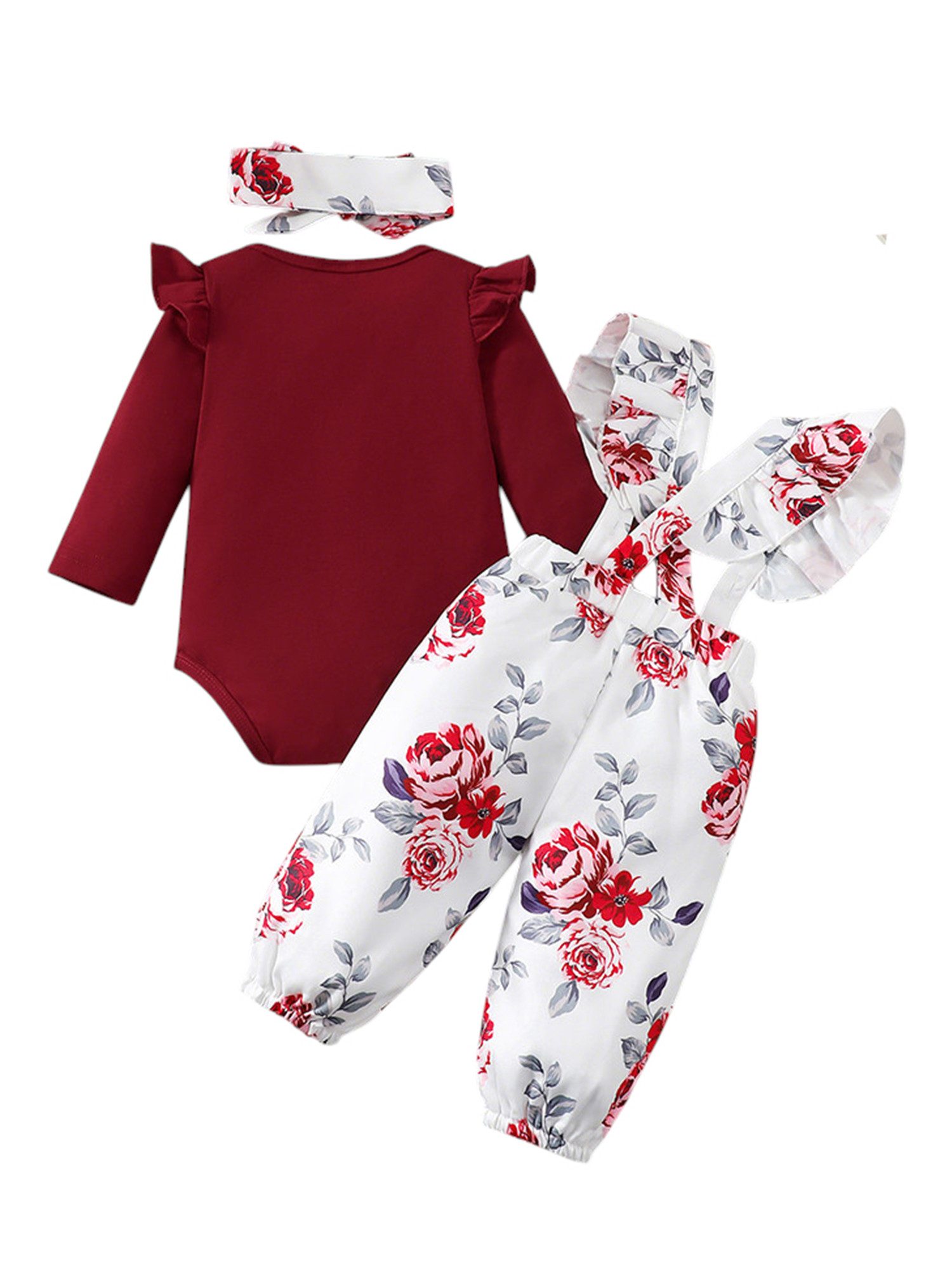 Gluckids Strampler Baby Mädchen Süßes Set Blumen Langarm Babykleidung Casual Anzug (3-tlg) Rüschen Overall + Hose+ Stirnband Set, Frühling Herbst Babykleidung