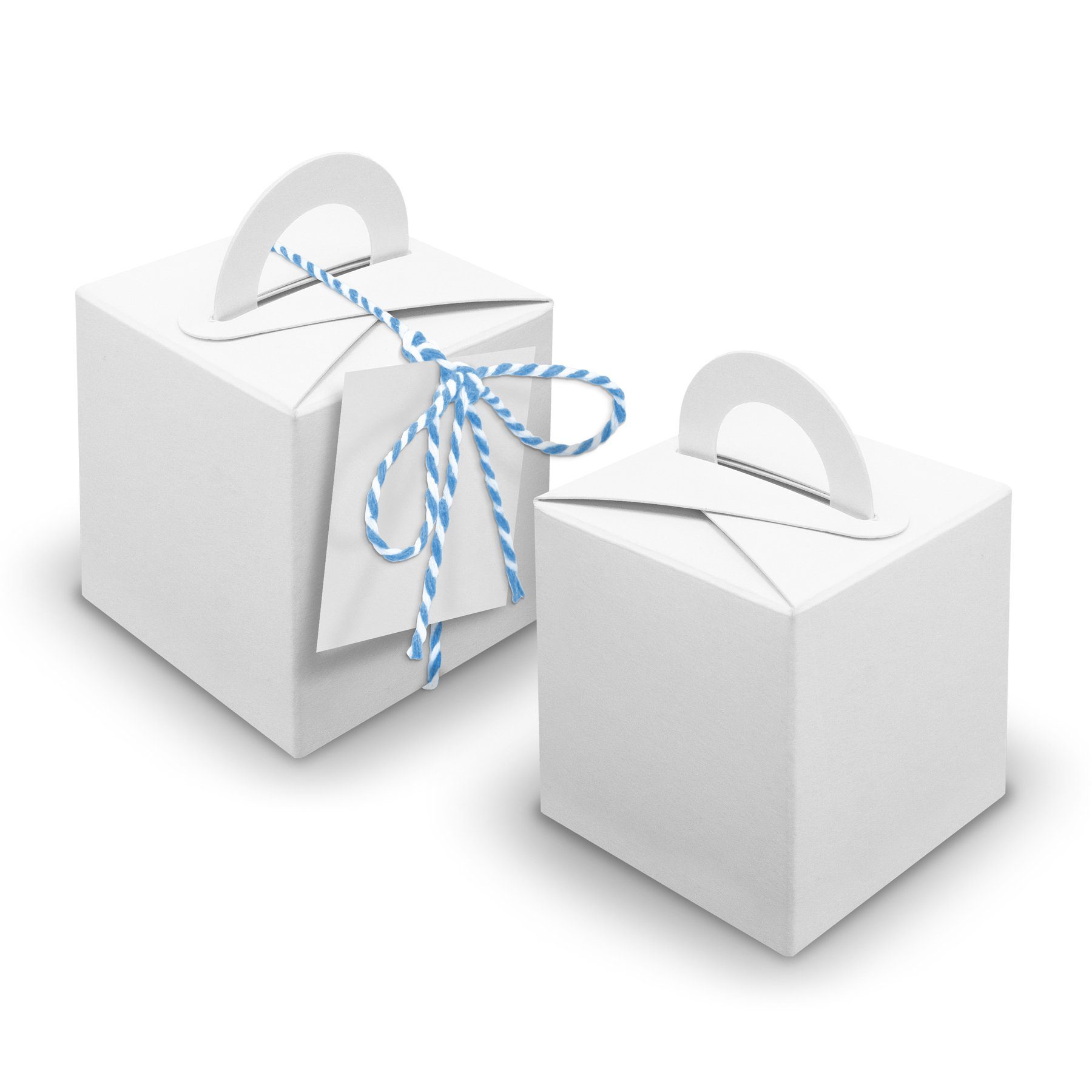 itenga Geschenkpapier V24 24x Würfelbox mit Griff weiß + Garn blau + Anhänger