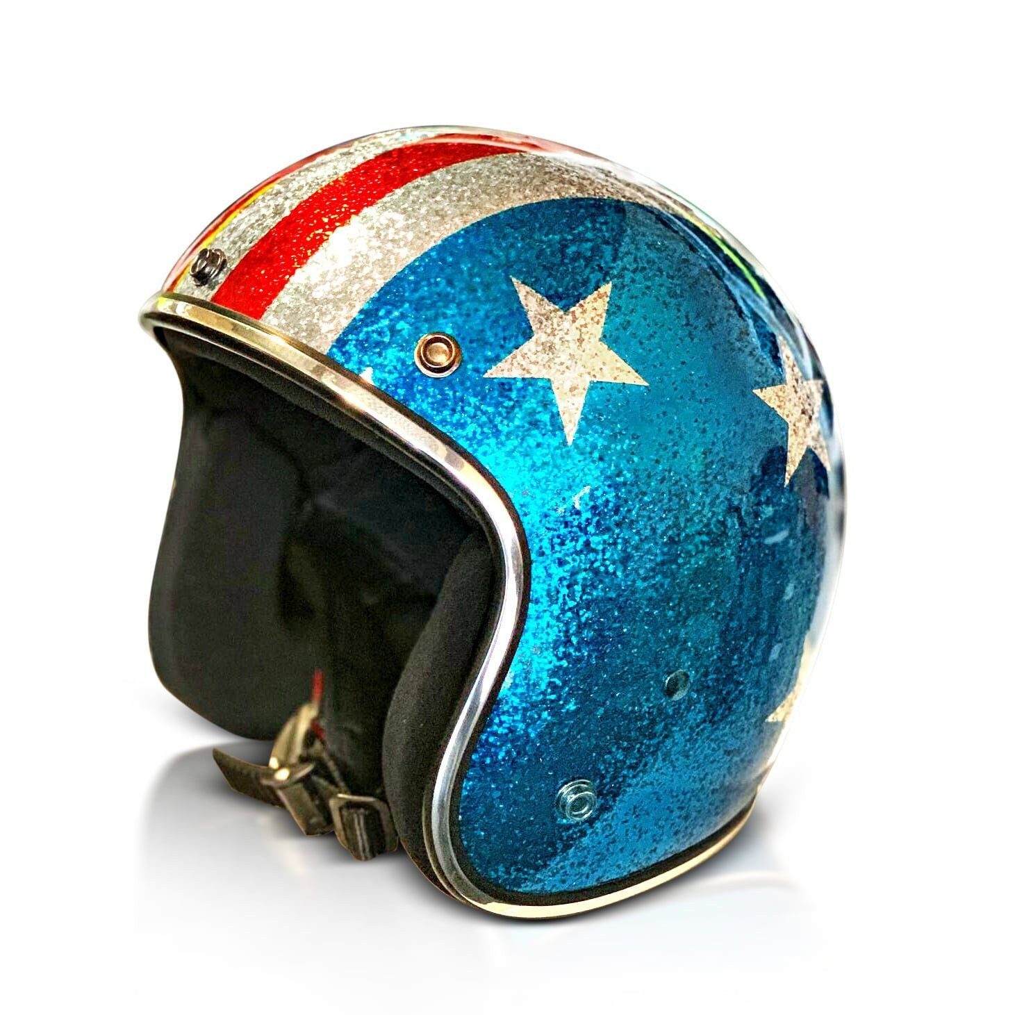 Alpha Speeds Motorradhelm ATELIER — Blaze American, Metal-Super-Flake Stars • Fiberglas, nur ca. 800 g, inkl. herausnehmbare Wangenpolster, Slim & Smart Fit