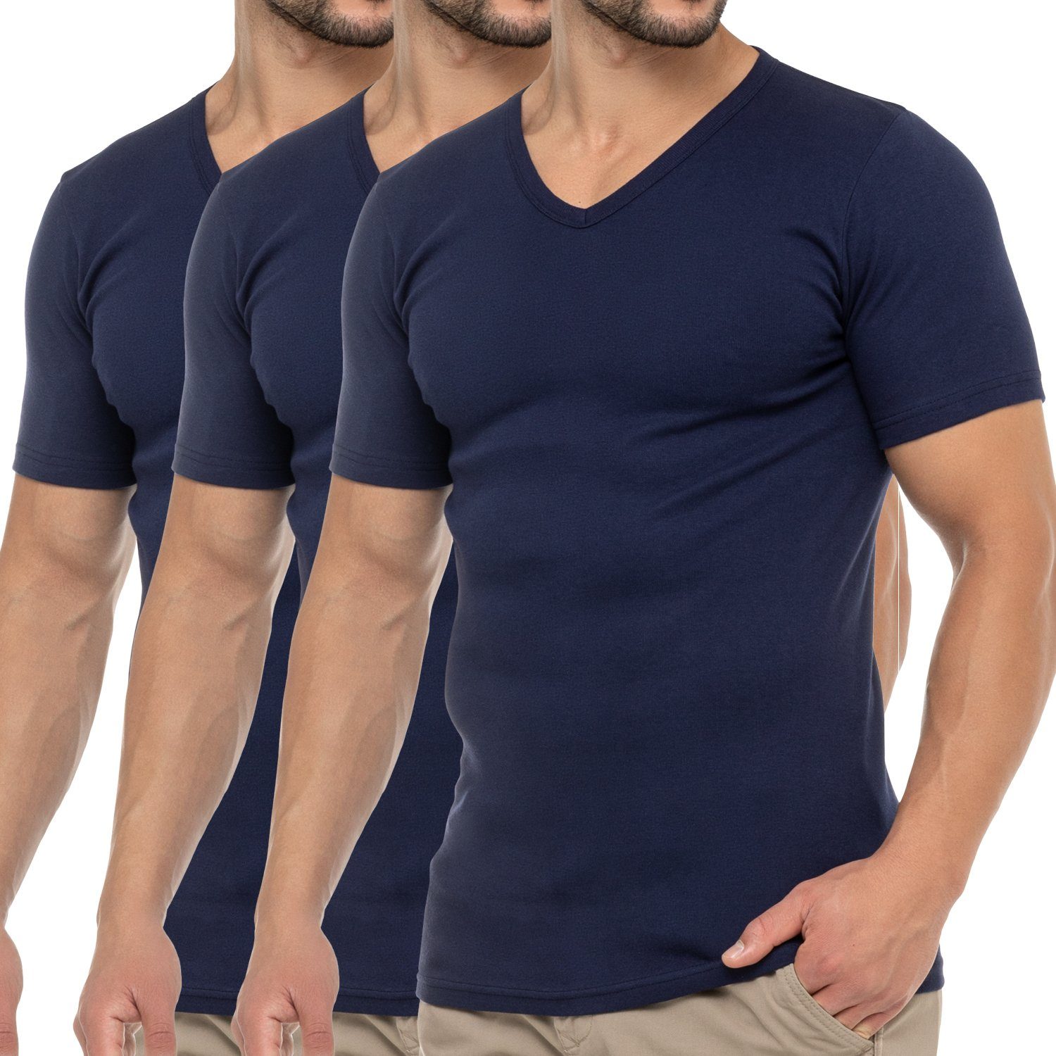 (1er/3er) Herren Baumwolle V-Neck Feinripp Kurzarmshirt celodoro T-Shirt Business Marine