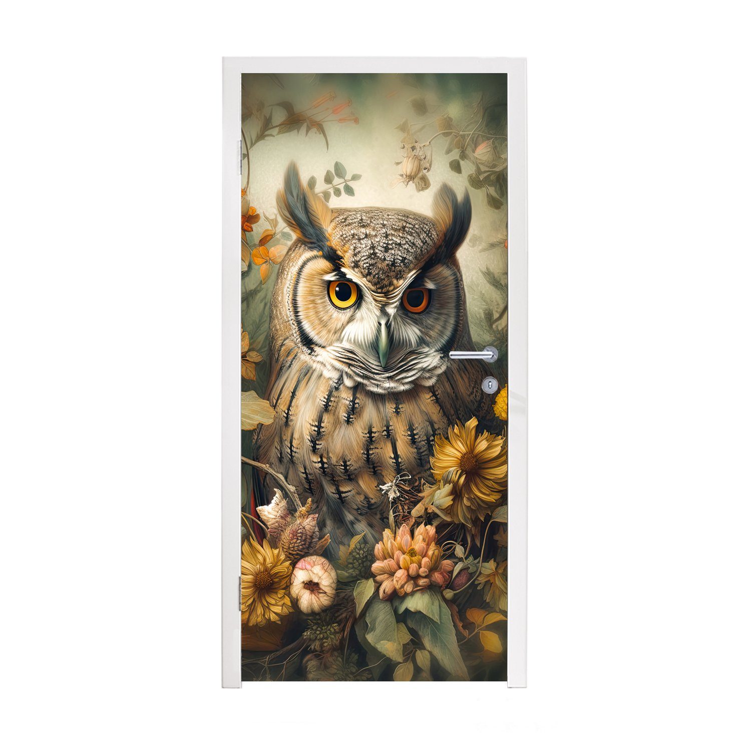 MuchoWow Türtapete Eule - Vögel - Blumen - Natur, Matt, bedruckt, (1 St), Fototapete für Tür, Türaufkleber, 75x205 cm