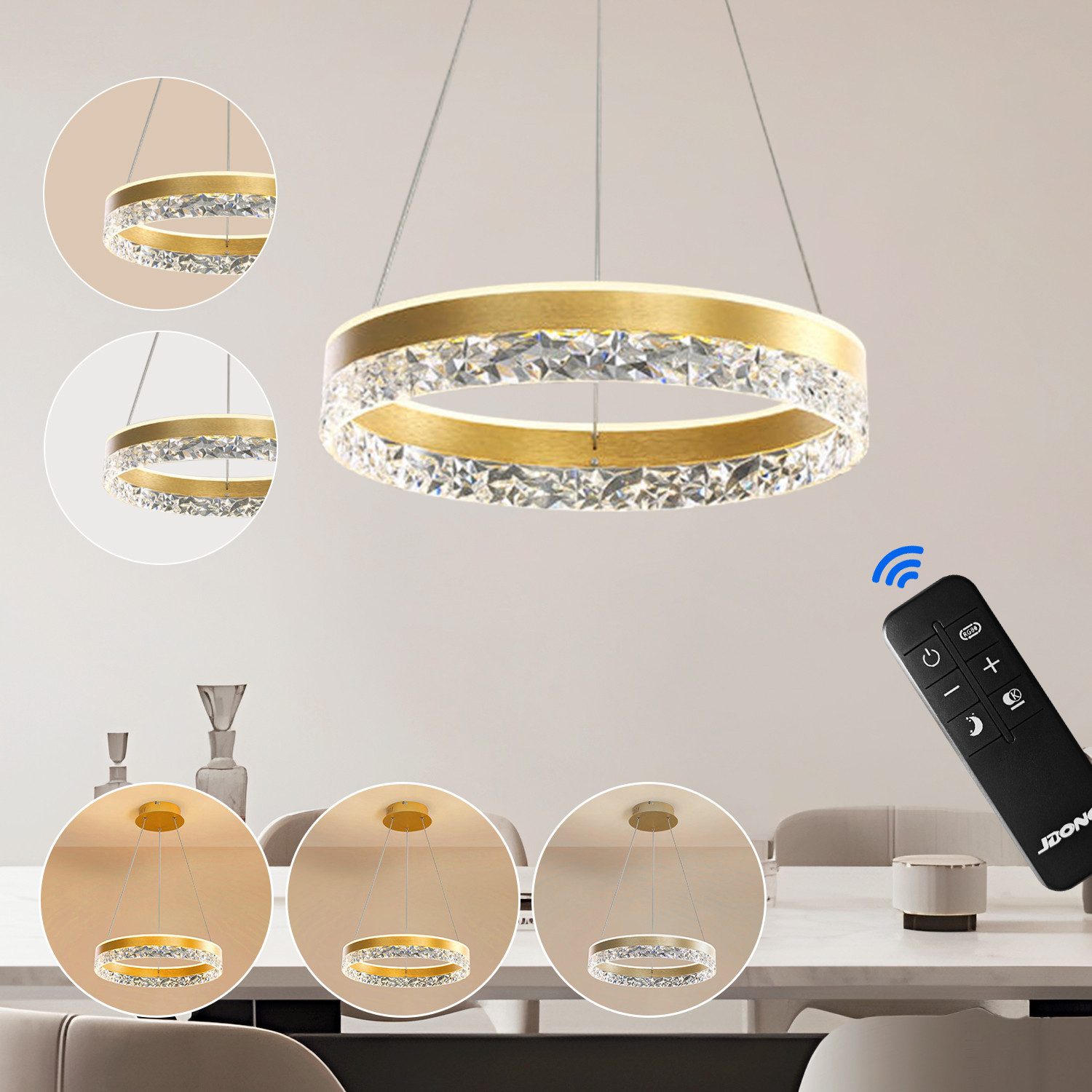 JDONG LED Pendelleuchte Moderne mit Fernbedienung 100cm Höhenverstellbar 54W, Esstisch Kronleuchter Kristall, Dimmbar, Wohnzimmer Esszimmer Küchen Bar Leuchten