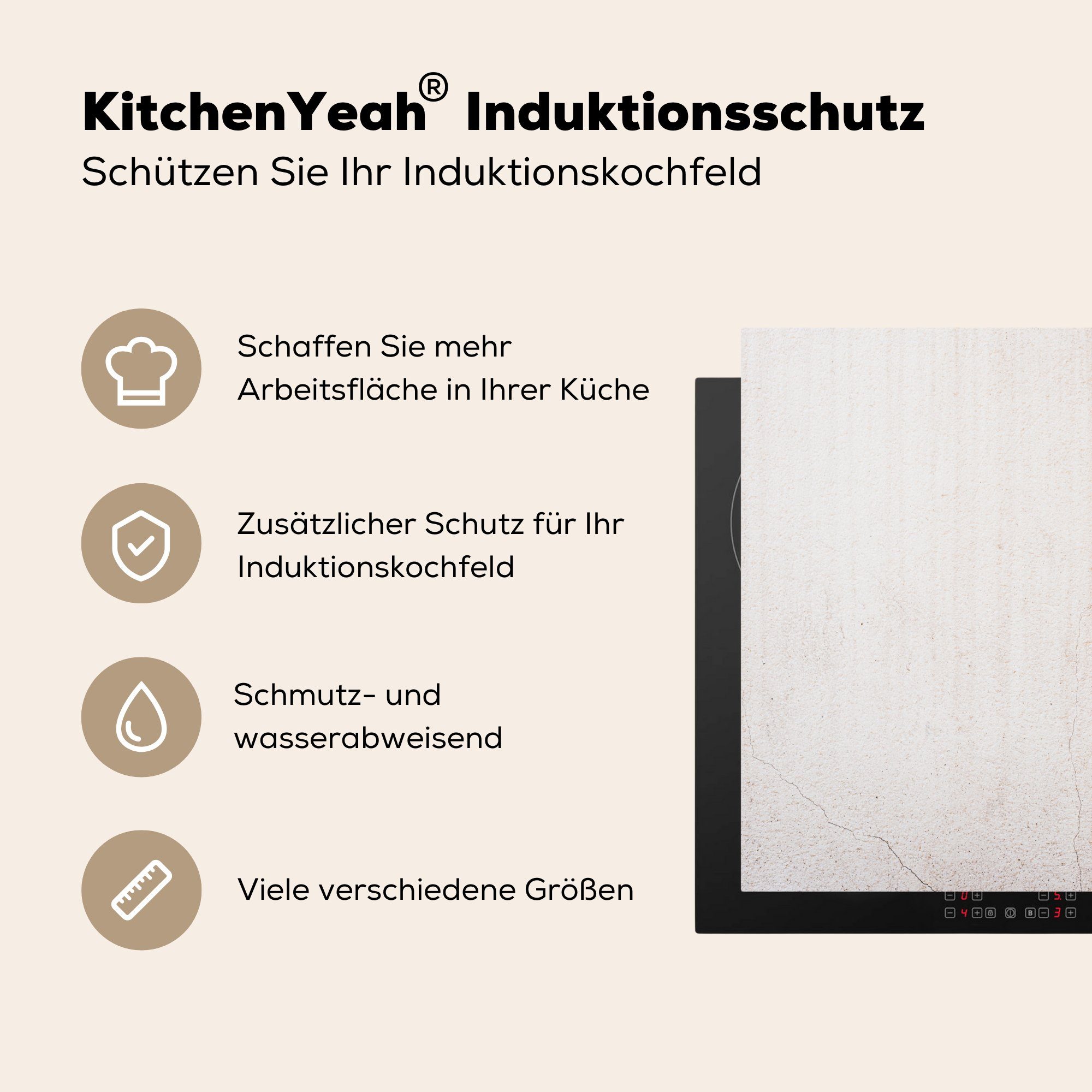 59x51 Wand Vinyl, cm, - Beton - tlg), (1 Induktionsschutz, Induktionskochfeld, MuchoWow Ceranfeldabdeckung Weiß, Herdblende-/Abdeckplatte