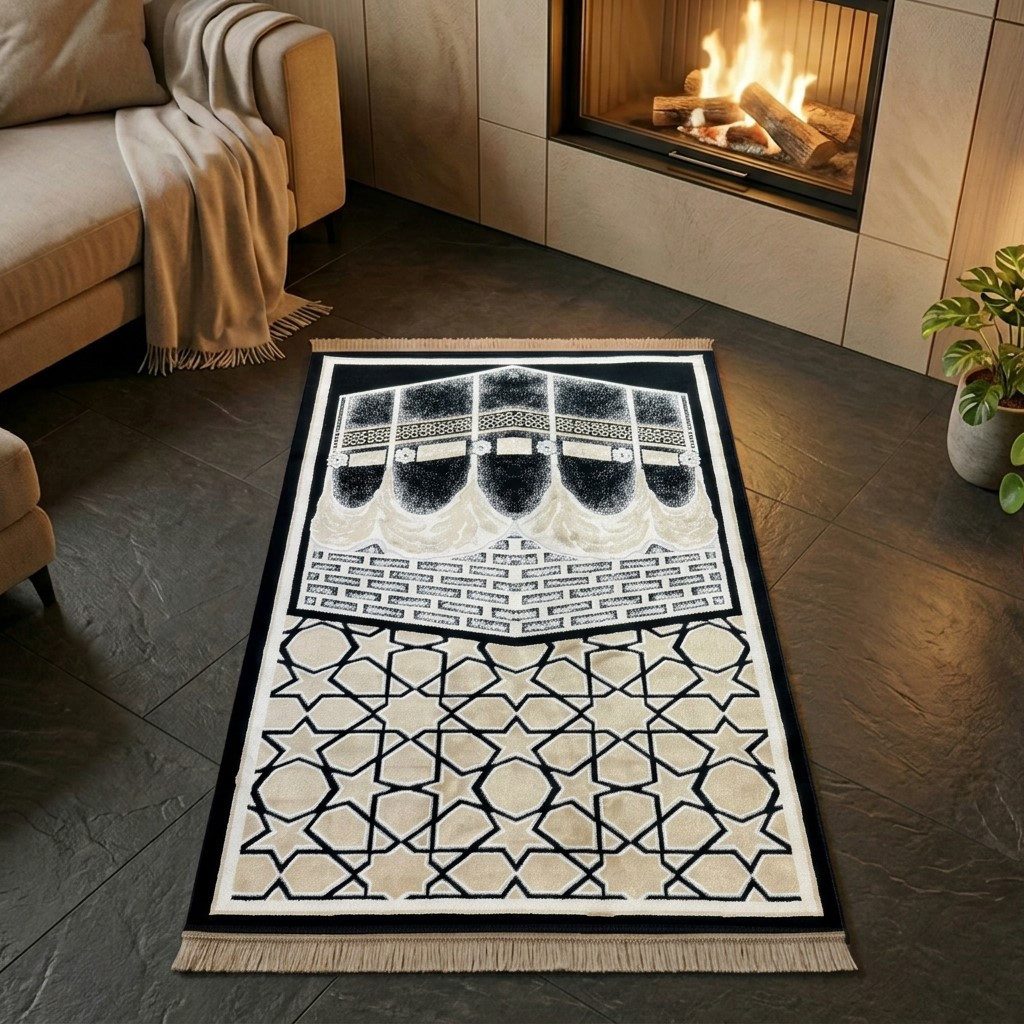 TeppichHome24 Teppich Gebetsteppich mit geometrischem Muster in Schwarz und Beige, rechteckig