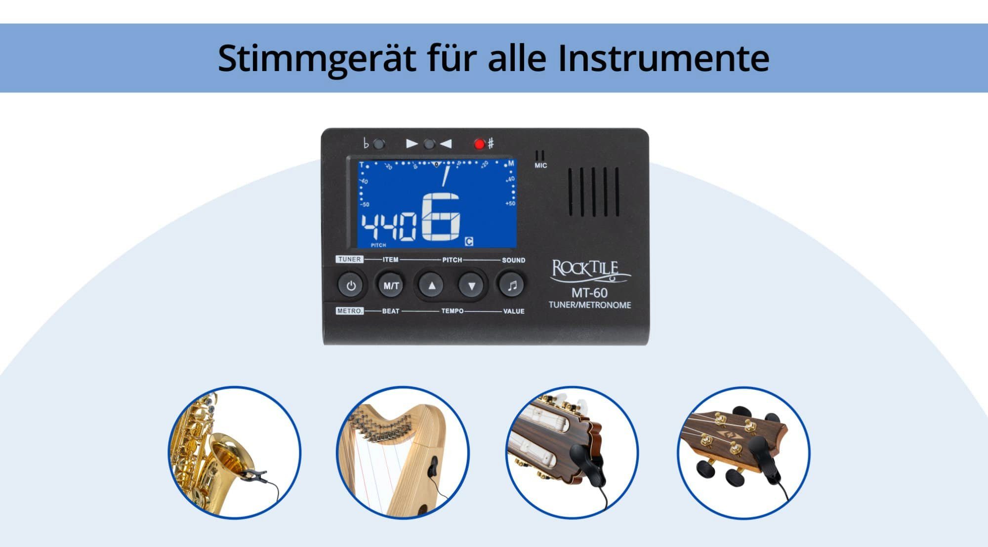Rocktile Metronom MT-60 Metro-Tuner - Stimmgerät, (3-tlg., mit Mikrofon und Piezo-Sensor), für alle Instrumente geeignet - 5 Stimmmodi