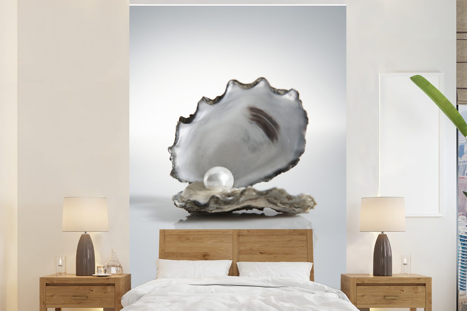 MuchoWow Fototapete Perle in einer Auster auf weißem Hintergrund, Matt, bedruckt, (3 St), Montagefertig Vinyl Tapete für Wohnzimmer, Wandtapete