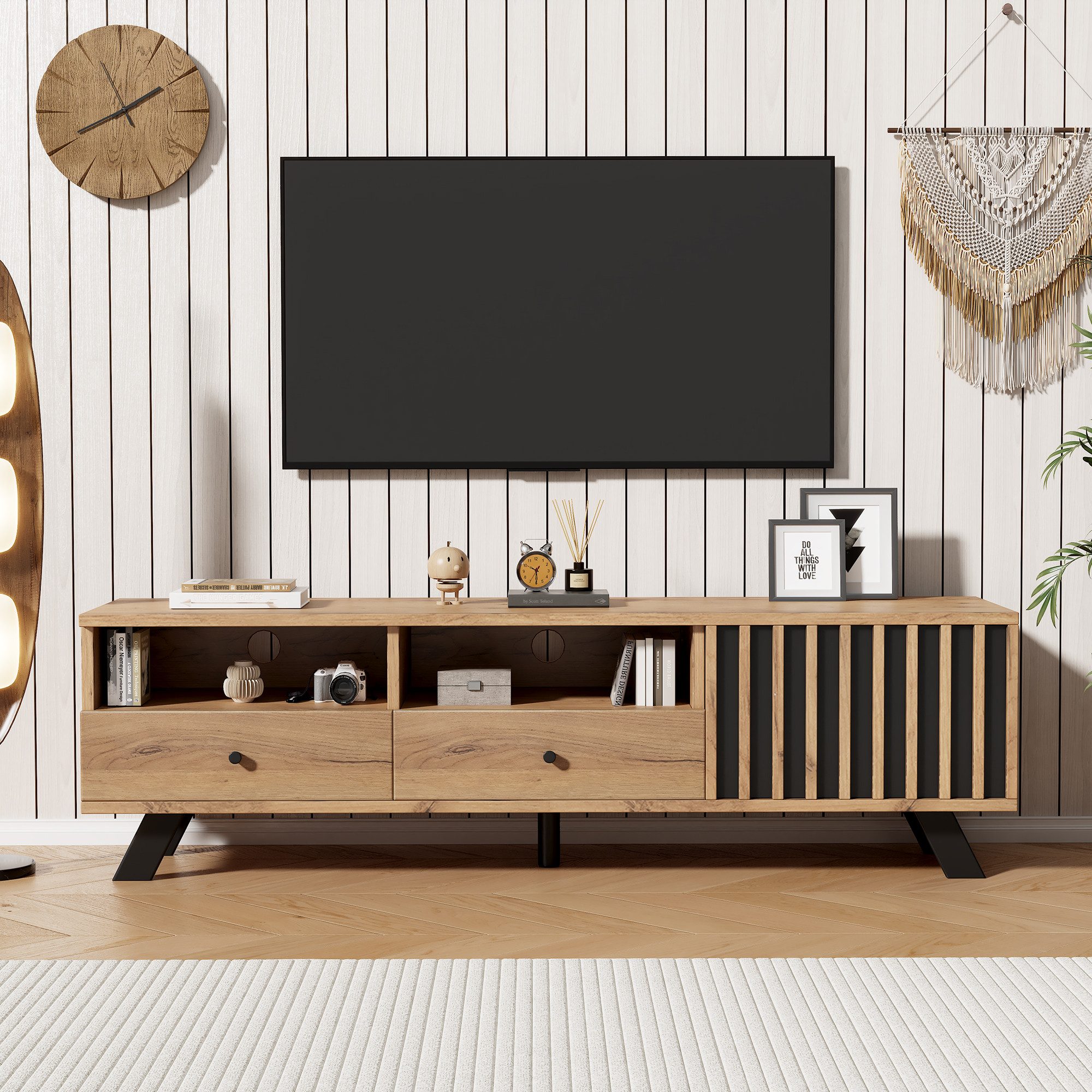 Merax Lowboard mit Holzmaserung-Oberfläche in Holzfarbe und Schwarz (1 St., 150x38x44cm), TV-Schrank mit Schrank, 2 Schubladen und offenen …