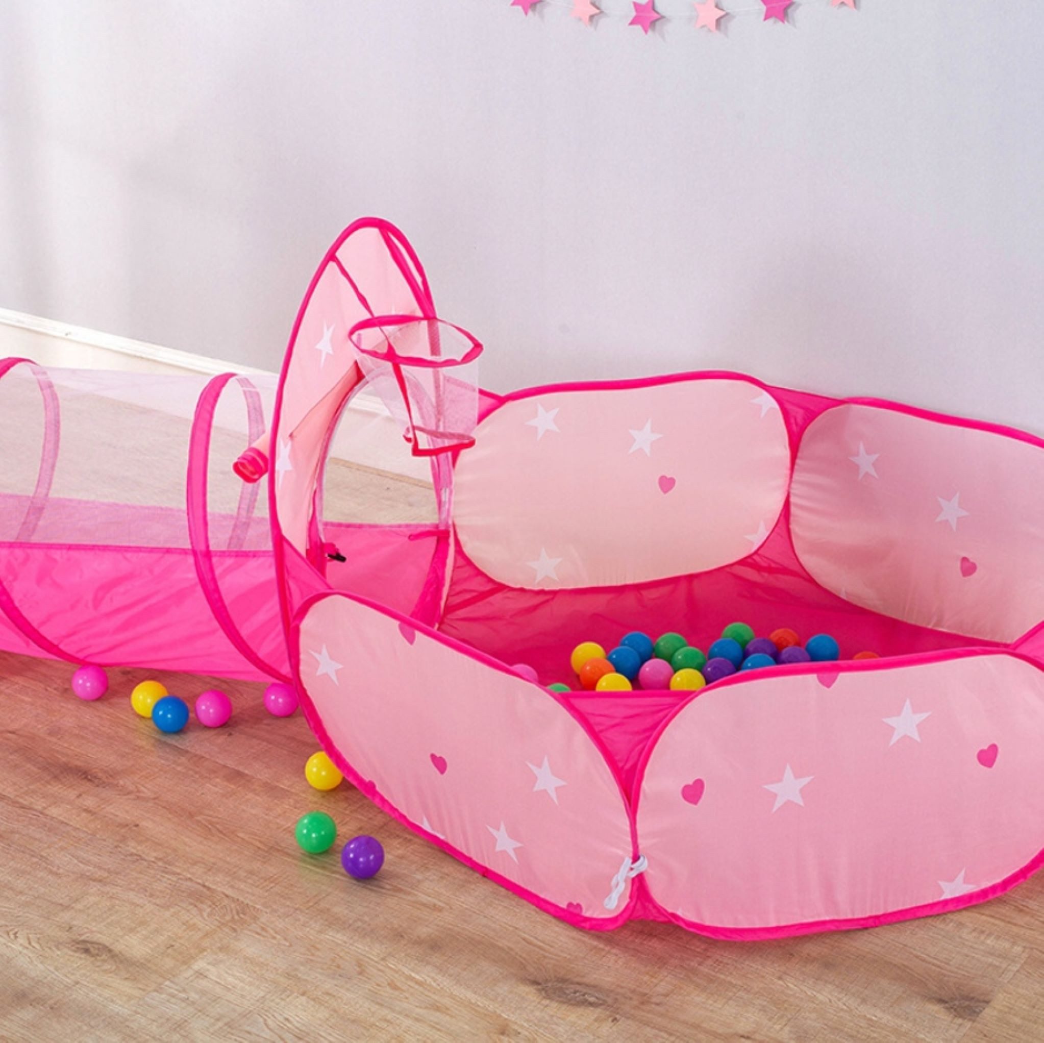 Festivalartikel Spielzelt 3in1 Kinder Spielzelt Schloss Tunnel Bällebad Rosa