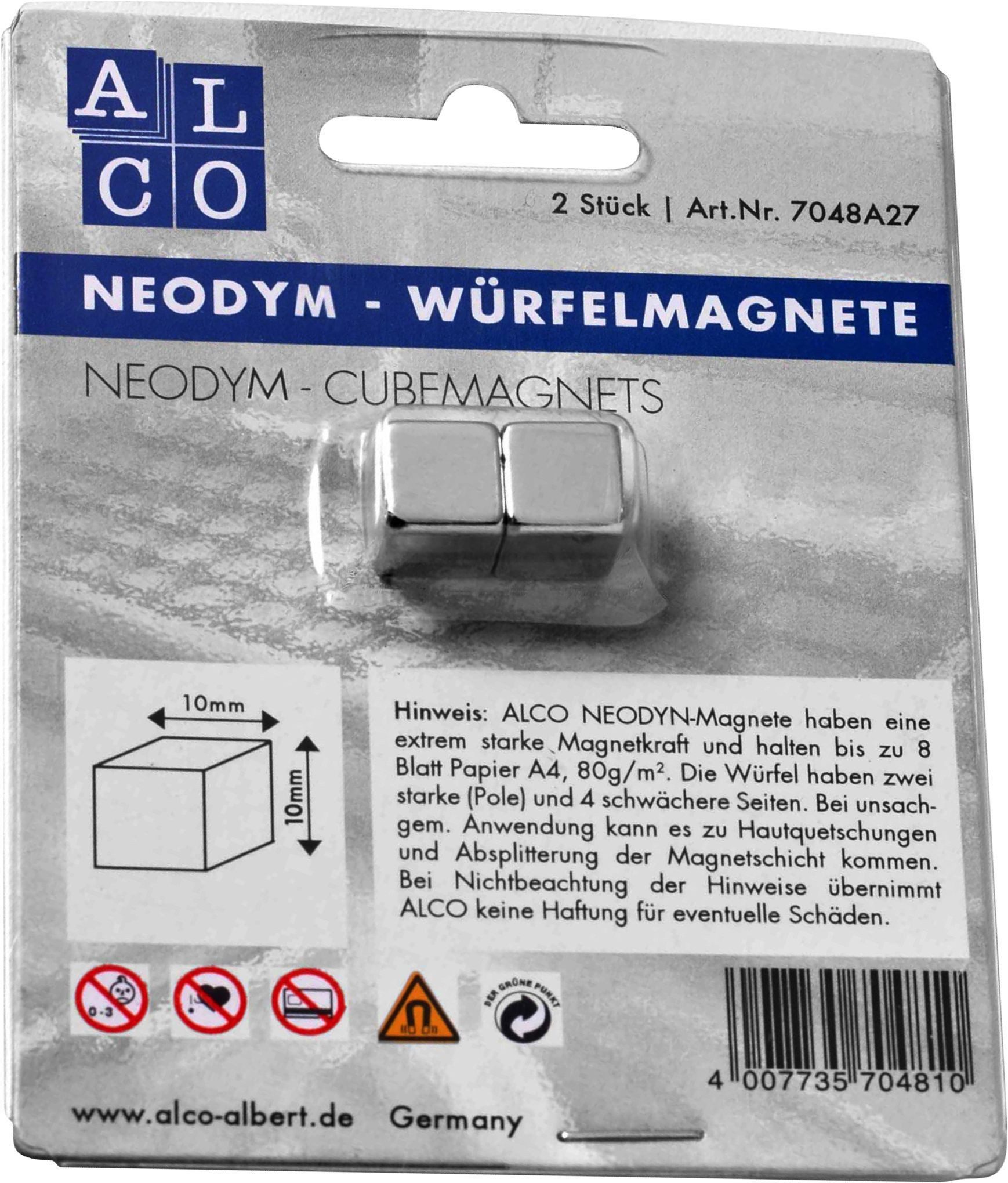 ALCO Magnet Würfelmagnet Neodym aus Neodym (Nd) 10x10x10mm silber VE=2 Stück