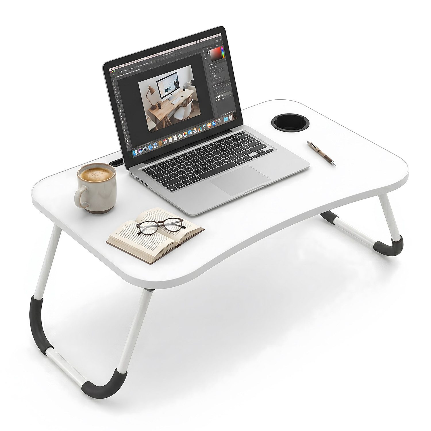 HEYHIPPO Laptoptisch Klappbarer Laptoptisch 60×40 cm,mit Getränkehalter & Tablet-Slot, weiß (Packung, Ergonomischer Betttisch, platzsparend, für Homeoffice, Lesen & Essen), Bett Tablett, für Laptops bis 17 Zoll, rutschfest, für Sofa & Bett