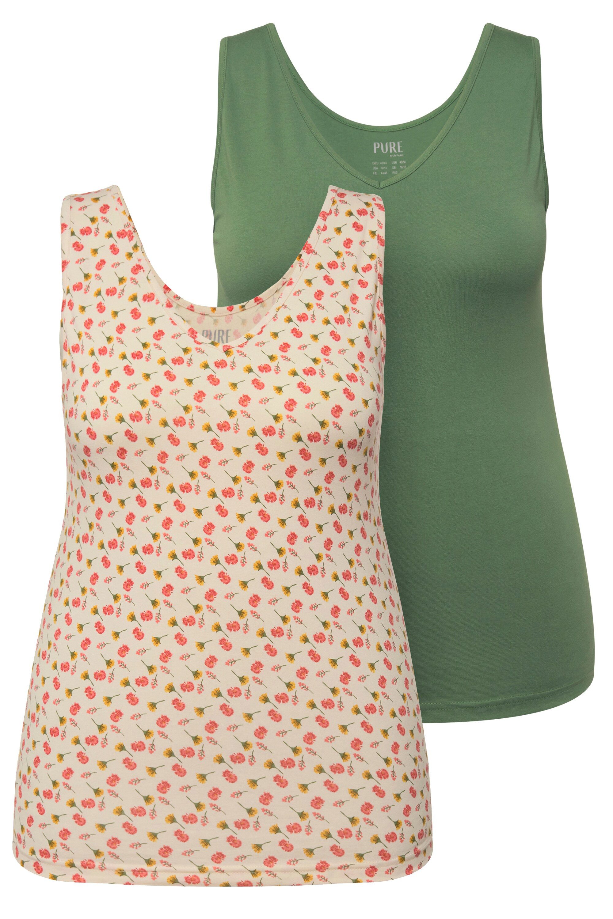 Ulla Popken Unterhemd Tanktops 2er-Pack Blüten/einfarbig V-Ausschnitt