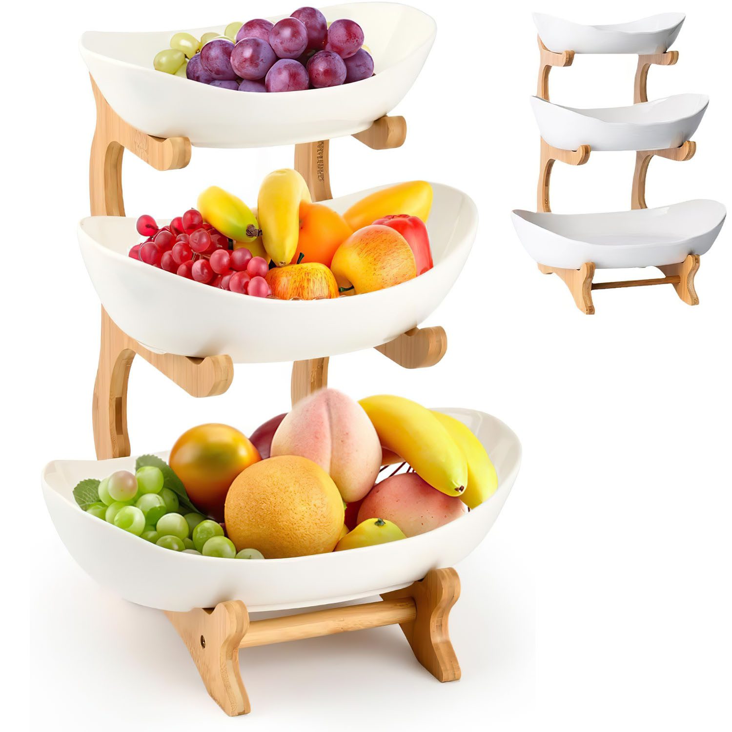 HEYHIPPO Obstschale Dreistöckiger Obstständer, gestufter Obstkorb aus Bambus, weiß, (Dreistöckiges Obsttablett), Rutschfestes, leicht zu reinigendes Stufenregal-Snacktablett