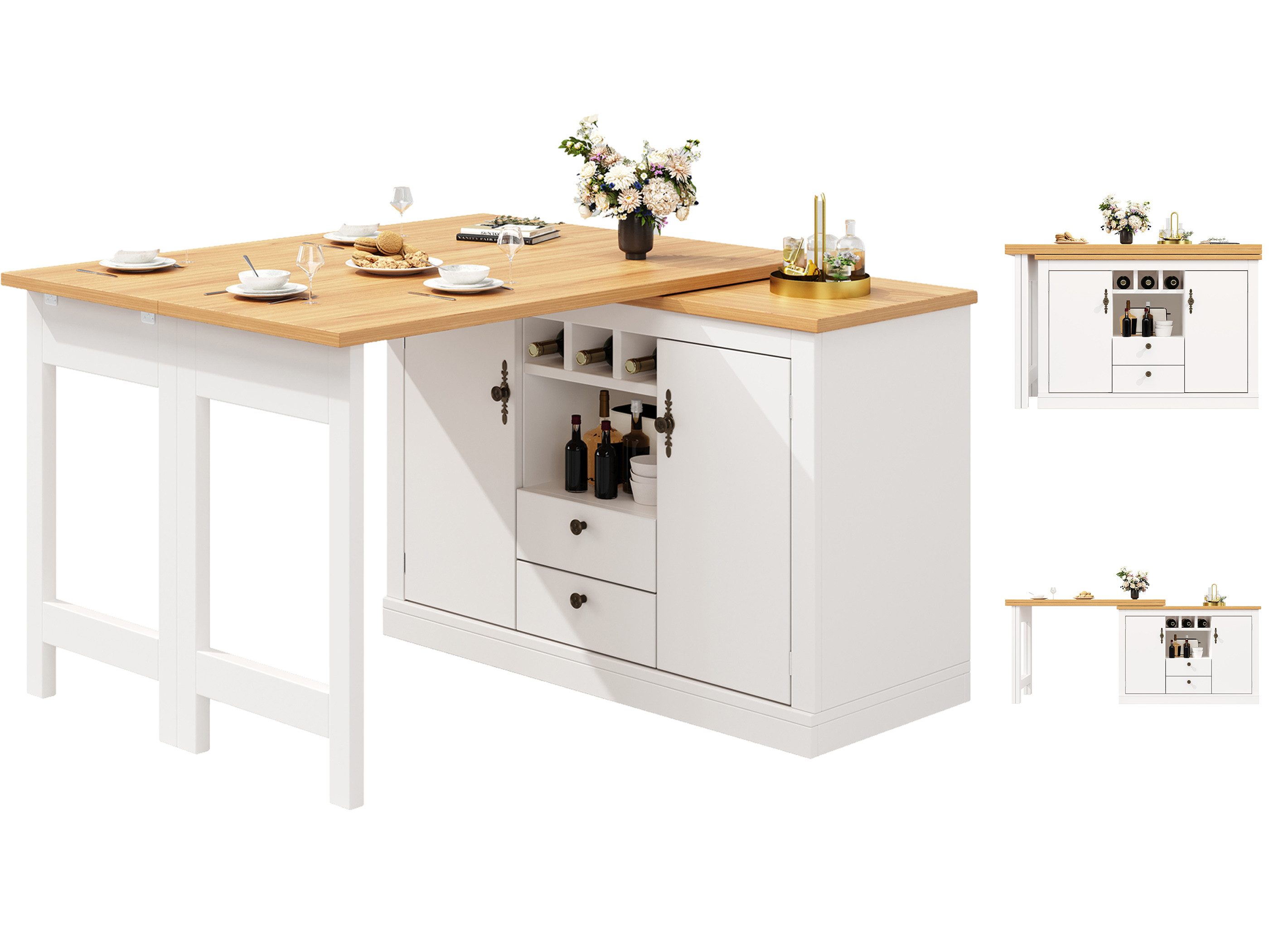 SeedWave Bartisch 360 Grad drehbarer Küchentisch mit Klappbarer Tischplatte, Stauraum, Erweitern auf 180 cm, Anrichte beinhaltet 3 Weinflaschfächer