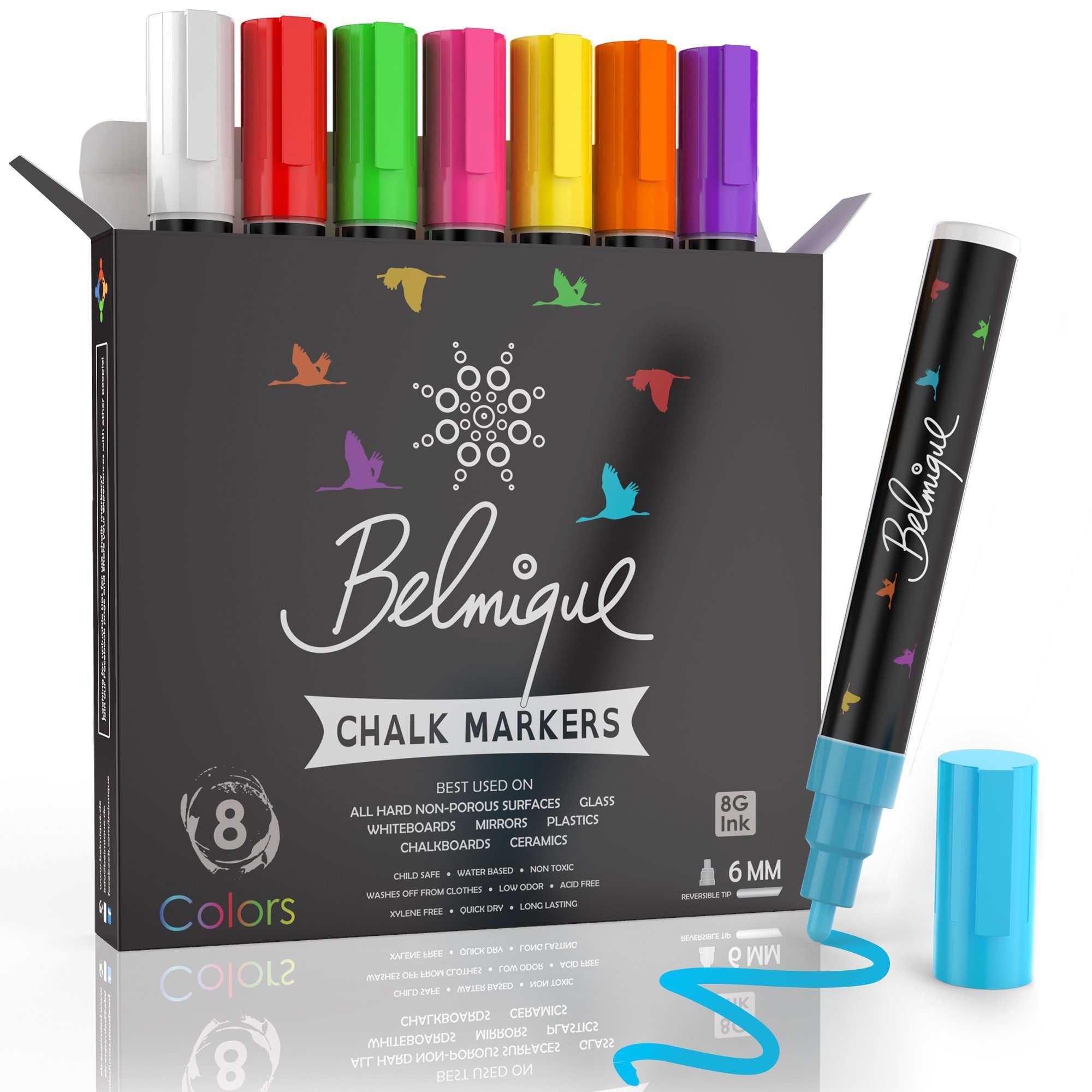 Belmique Malkreide Kreidemarker, (Set aus 8 bunte Farben, 8-tlg), Ideal für Tafel, Fenster, Whiteboard - Rund- & Schrägkeilspitze