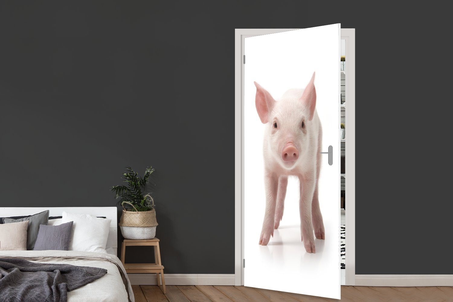 (1 Türtapete - - cm bedruckt, Weiß, Türaufkleber, Tiere für Tür, Matt, St), Fototapete MuchoWow 75x205 Schwein