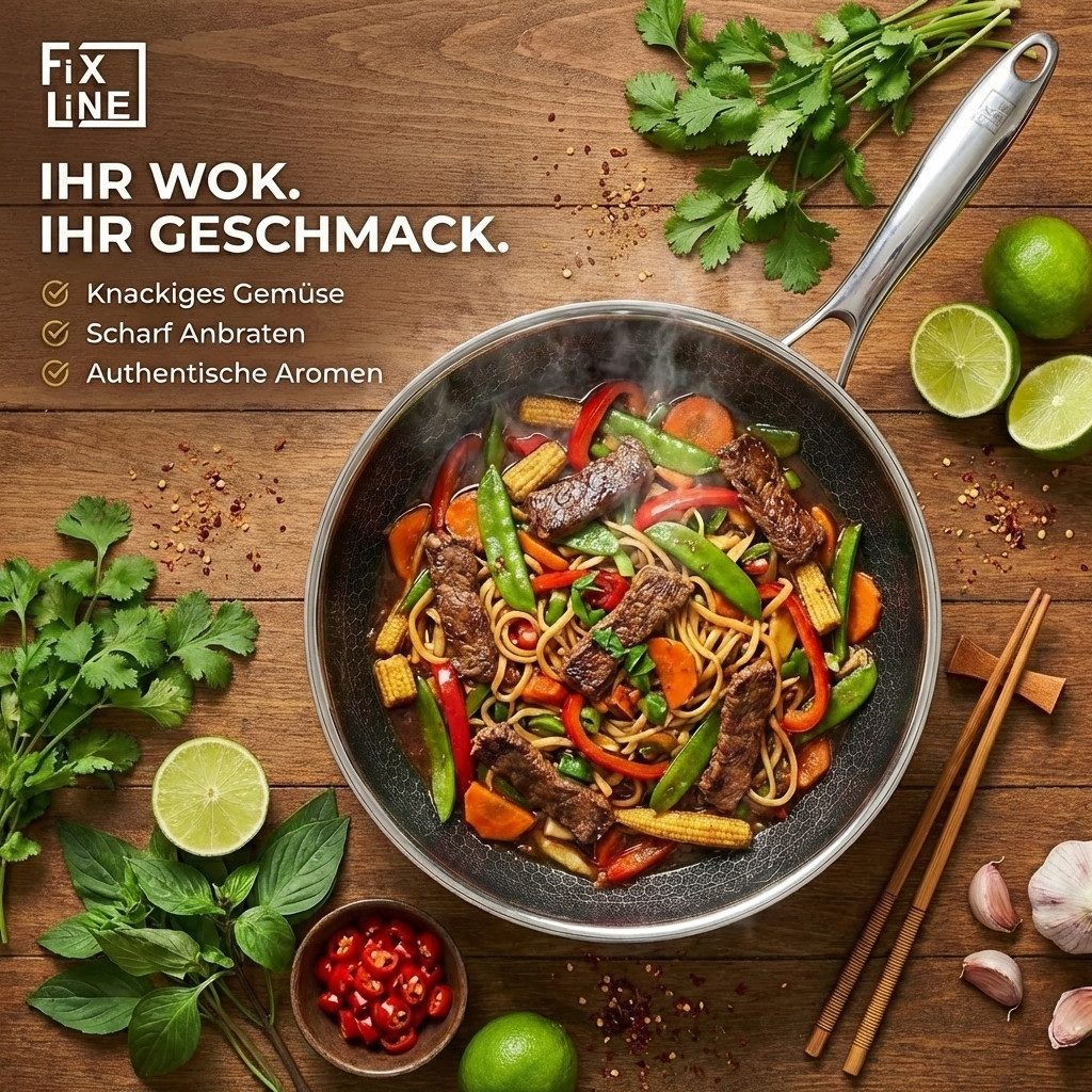 FIXLINE Wok Pfanne 28cm BLACK FOREST Edition Kratzfeste Beschichtung Induktion, Edelstahl (Einzel, 1 Wok Pfanne), Perfekte Geschenk Idee