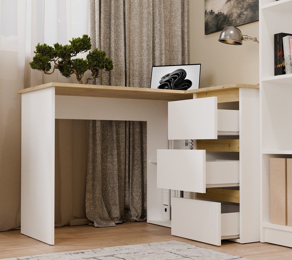 Raumhirsch Furniture Schreibtisch Computertisch, Bürotisch, Lerntisch, Arbeitstisch (Maße 120 x 48,5 x 75 (H) cm, 3 Schubladen), Offene Fächer, Große Arbeitsfläche