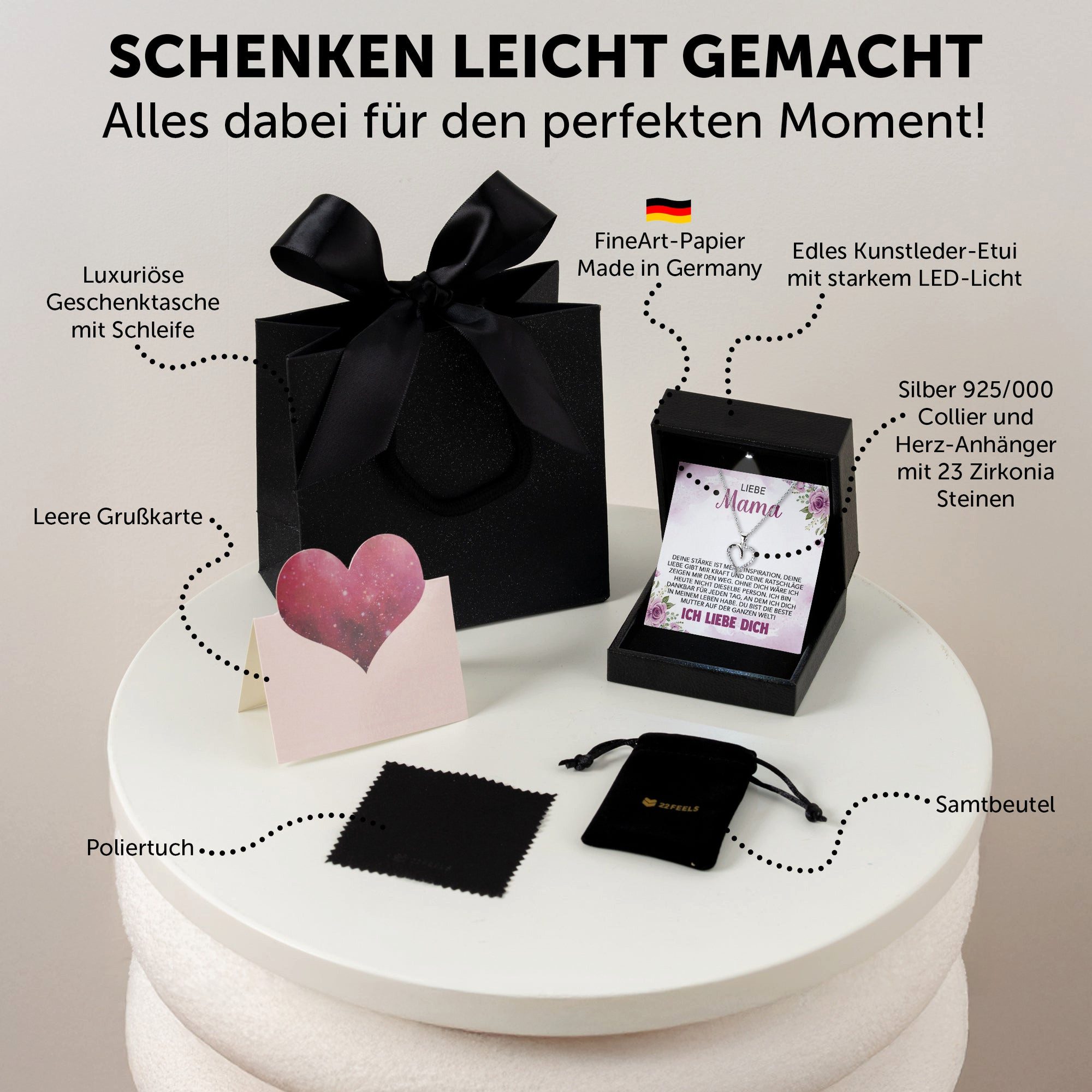 22Feels Schmuckset Liebe Mama Geschenk von Tochter Frauen Halskette Muttertag Damen Schmu (inkl. Geschenktasche, Karte, Poliertuch, Beutel), Premium Licht Etui, Silber 925/000, Karte Made In Germany