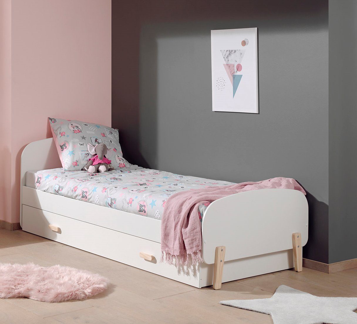 Vipack single bed (Made in Europe), sleeping area 90x200 cm with slatted frame and bed drawer, white lacquered