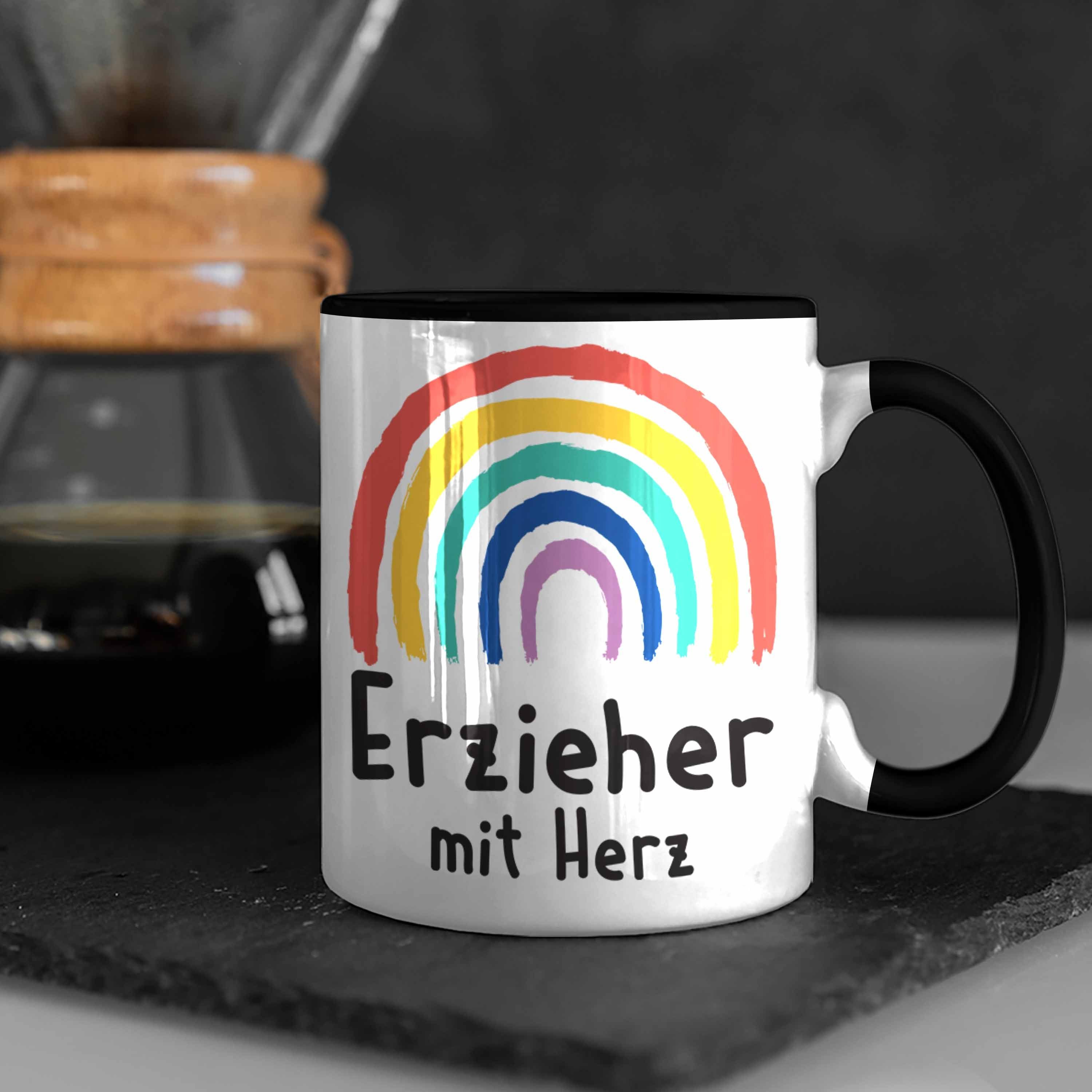 mit Tasse Herz Spruch - Schwarz mit Geschenk Kindergärtner Trendation Erzieher Tasse Kaffeetasse Abschiedsgeschenk Geschenke Trendation