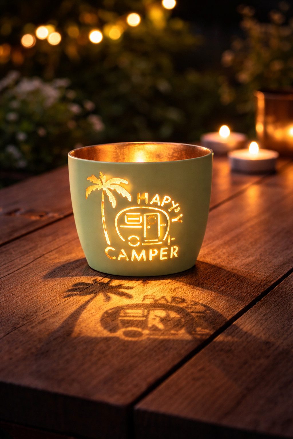 Giftcompany Kerzenhalter Giftcompany - Windlicht Madras mit 10 Teelichter "Happy Camper" Grün